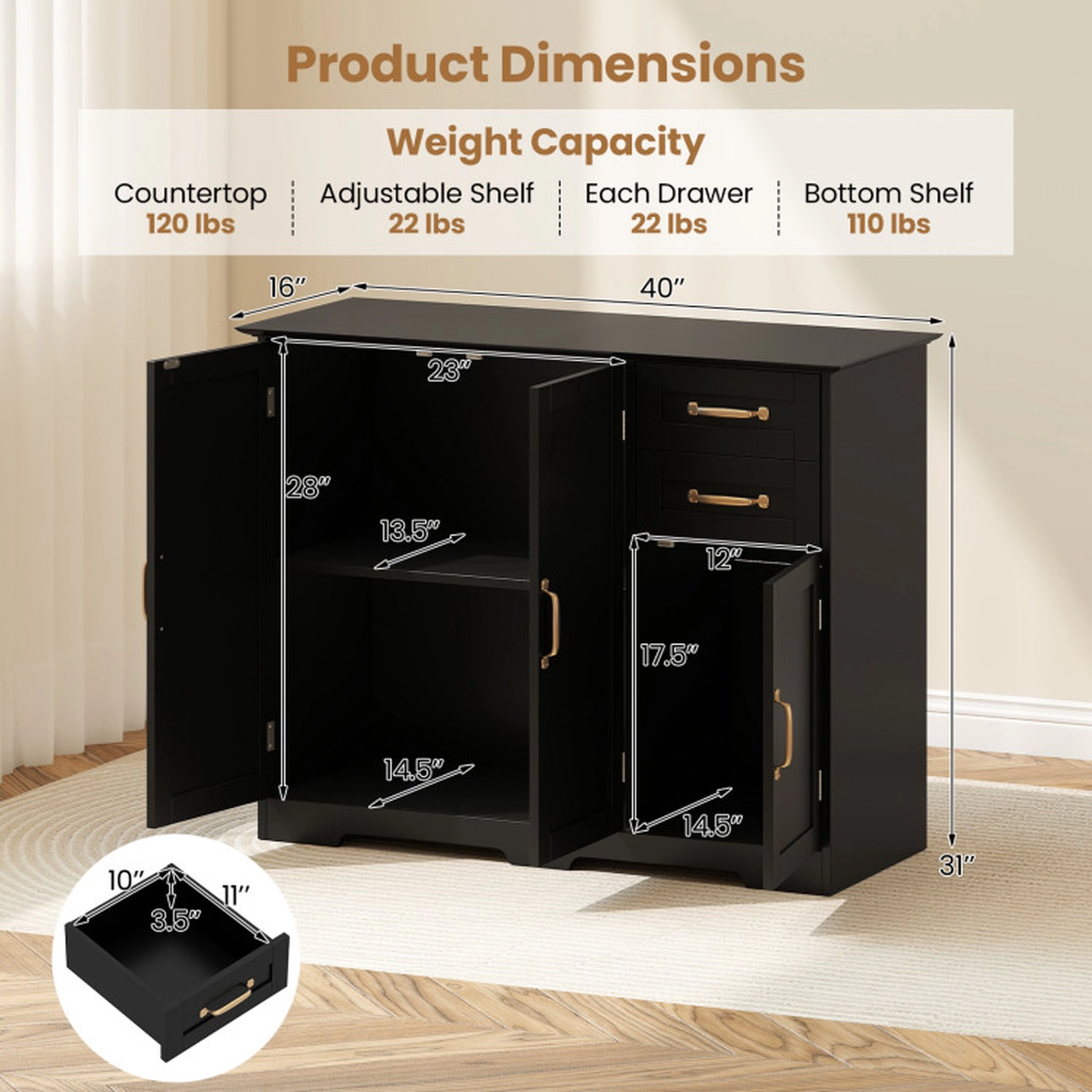 SUGIFT 40-in 120-lb Countertop Black Modern Sideboard Buffet Cabinet with 2 Drawers and Adjustable Shelf