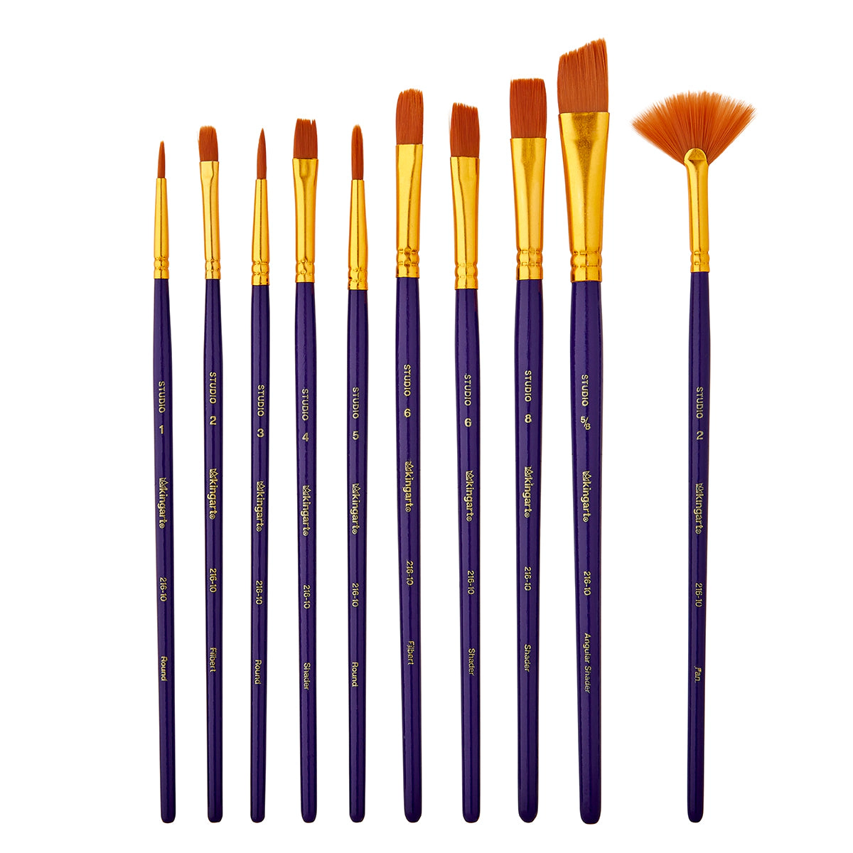 KINGART Studio Gold Nylon Brush Set - 10 pc Acrylic Watercolor Oil