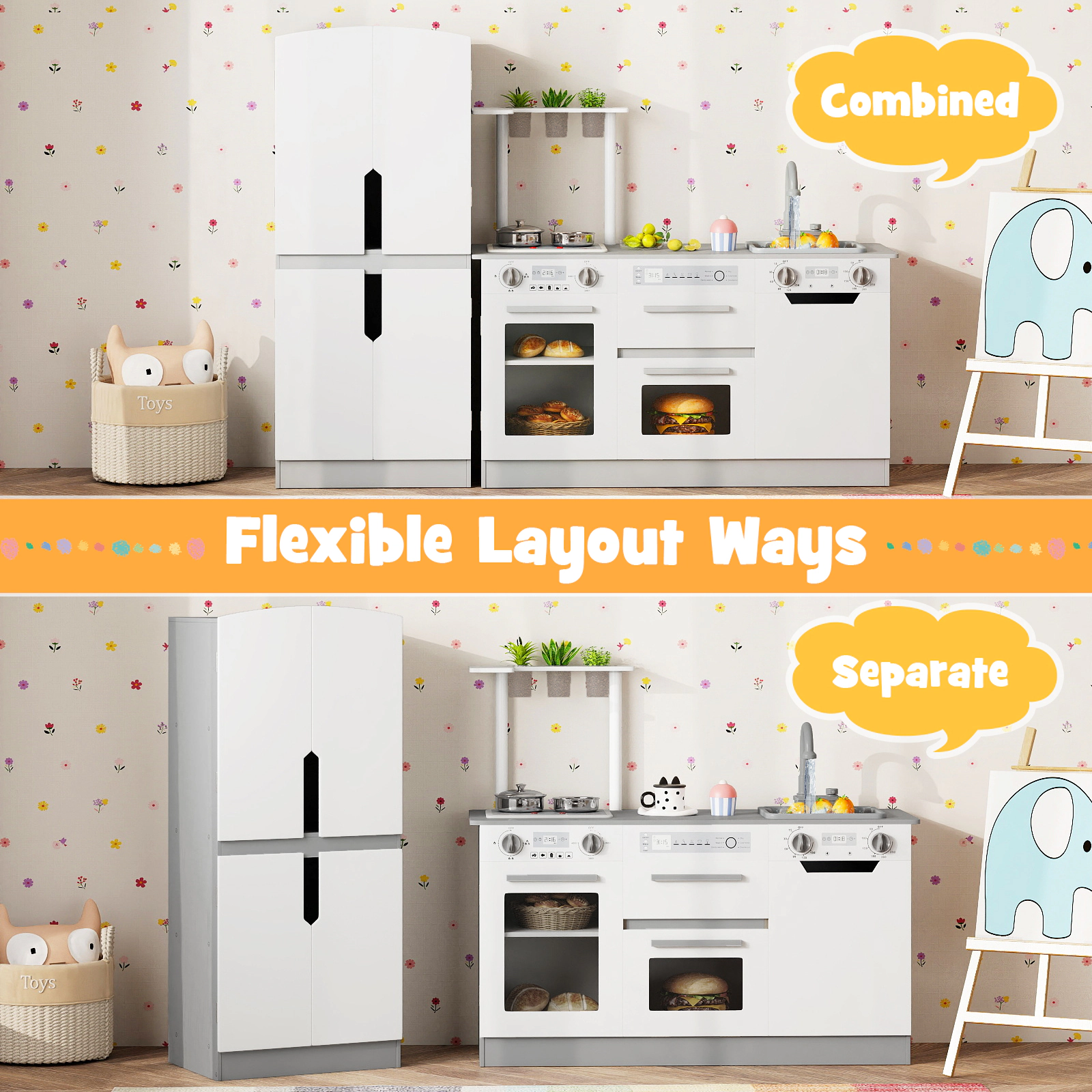 Wooden 2-pc Kids Kitchen Playset Fridge Running Water Lights and Sounds 3 Planting Pots 35.5-in Ages 3+ Gray