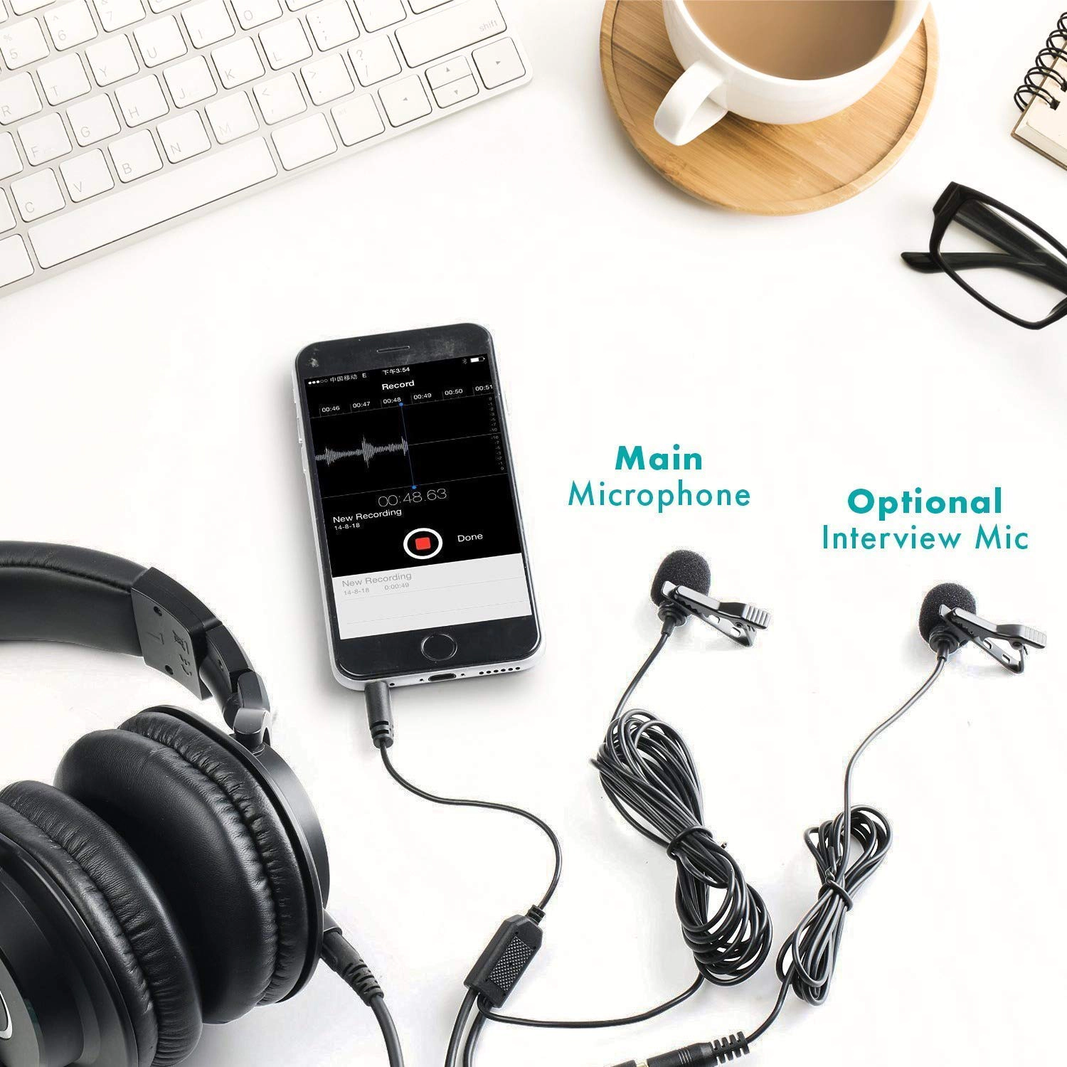 Movo Professional Lavalier Lapel Clip-on Interview Podcast Microphone with Secondary Mic and Headphone Monitoring Input