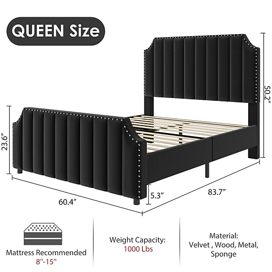 BebreezChic Upholstered Velvet Channel Tufted Tall Headboard Nailhead King Platform Bed Frame