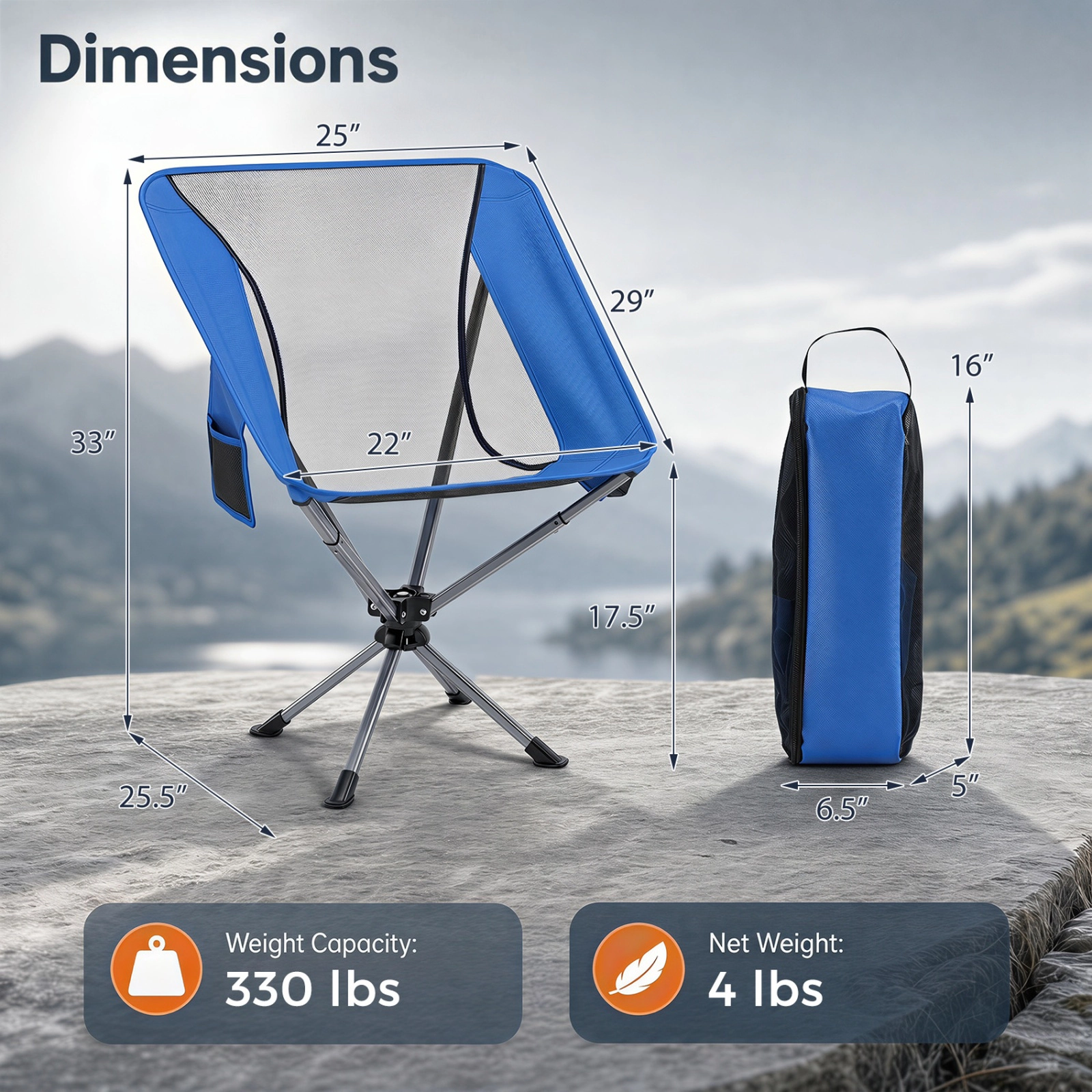 SUGIFT 330-lb Capacity 360-Degree Swivel Lightweight Compact Aluminum Camping Chair with Cup Holder and Side Pocket