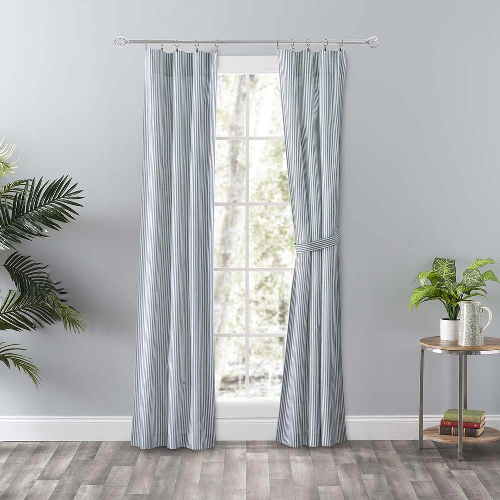 Ellis Curtain Plaza Classic Ticking Stripe Printed on Natural Ground 3" Rod Pocket Tailored Panel Pair 56" x 84" Blue