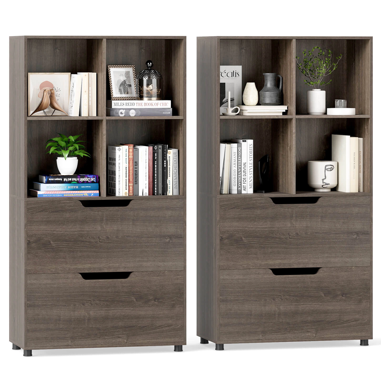 Costway 2 PCS 4-Cube Bookcase with Drawers, Tall Freestanding Bookshelf for Living Room Gray