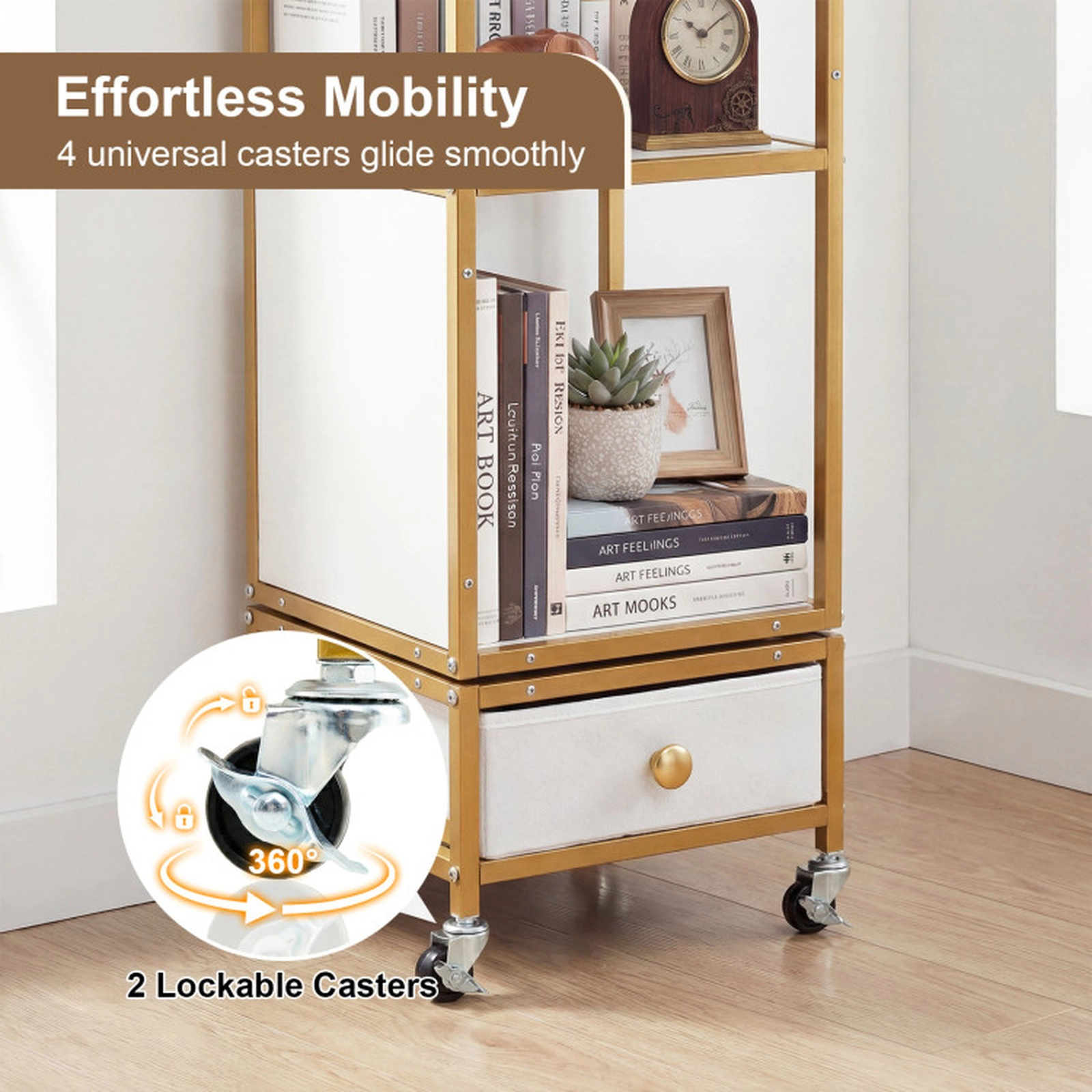 SUGIFT 4-Tier Rotating Bookshelf on Wheels with 44-lb Shelf Capacity Removable Drawer White Gray Black Golden