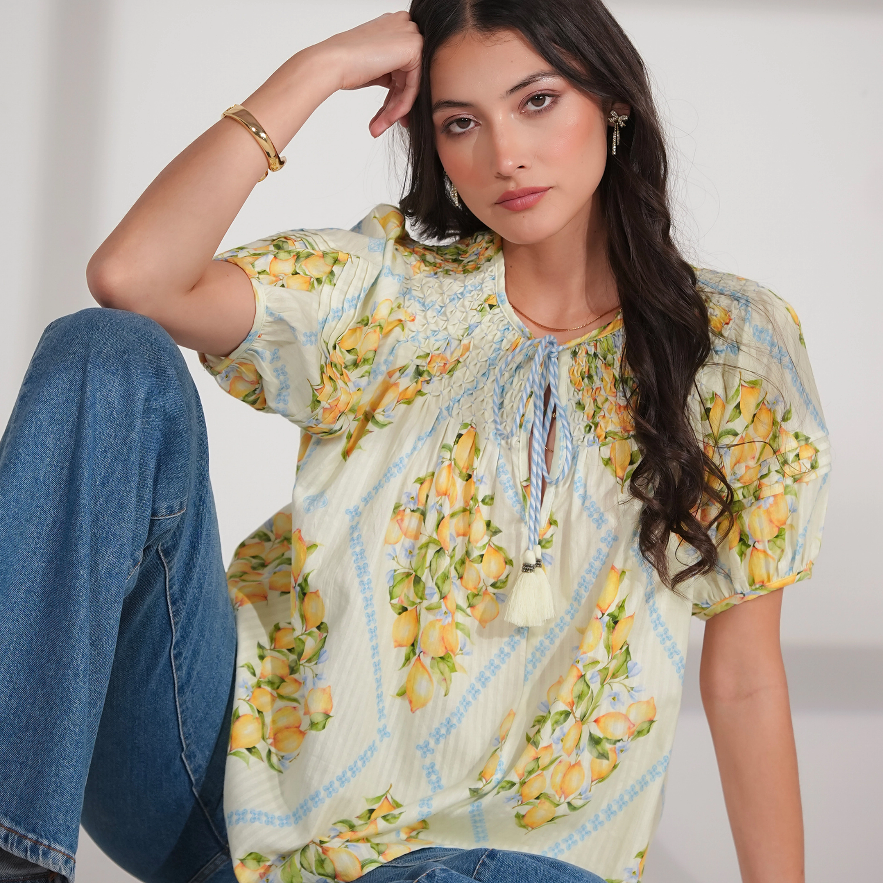 Rose & Nancy Women's Kirsten Lemon Print Smock Detail Cotton Blouse
