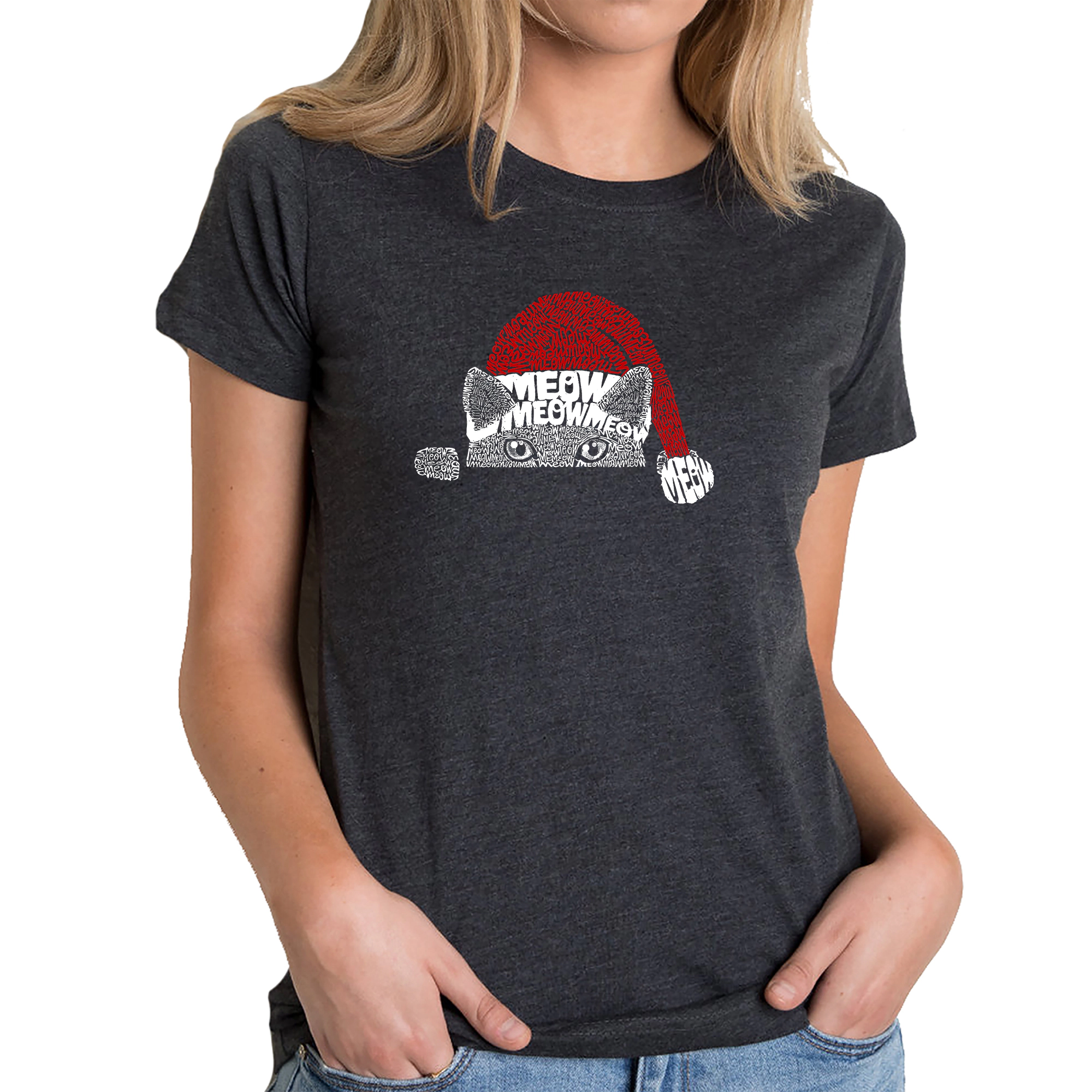 LA Pop Art Women's Cotton/Poly Blend Word T-Shirt - Christmas Peeking Cat
