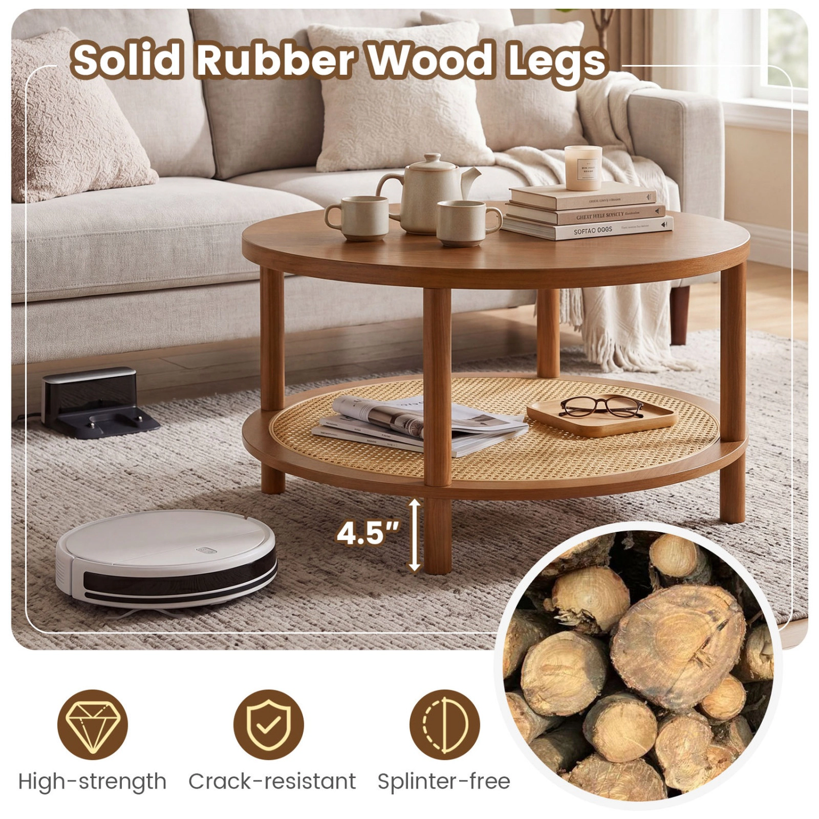 SUGIFT 2-Tier Round Wood Veneer Top PE Rattan Shelf Coffee Table 31.5-in x 31.5-in x 18-in 220-lb Capacity Walnut