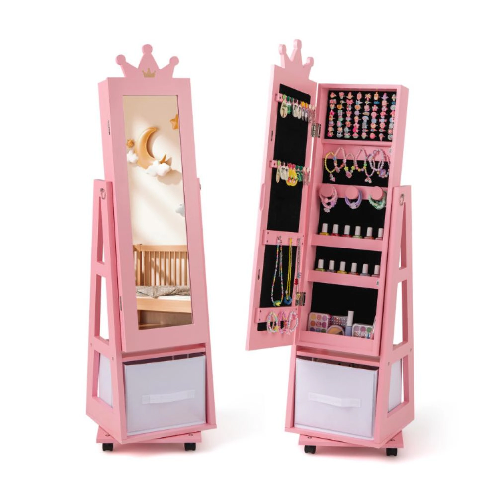 Hivvago Kids Jewelry Armoire Cabinet With Swivel Base And Lockable Universal Wheels-White
