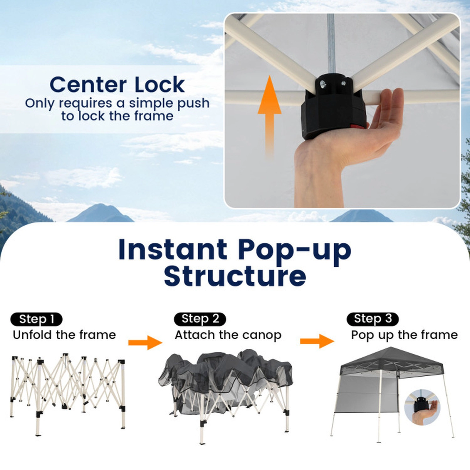 SUGIFT Gray Instant Slant Leg Pop Up Canopy Tent with 1 Half Sidewall and Anchor Plates 7-ft W 7-ft D 7.4-ft H