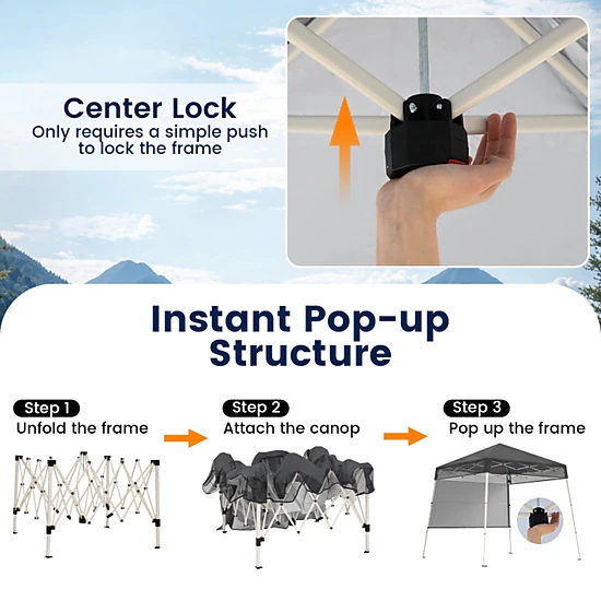 SUGIFT Gray Instant Slant Leg Pop Up Canopy Tent with 1 Half Sidewall and Anchor Plates 7-ft W 7-ft D 7.4-ft H