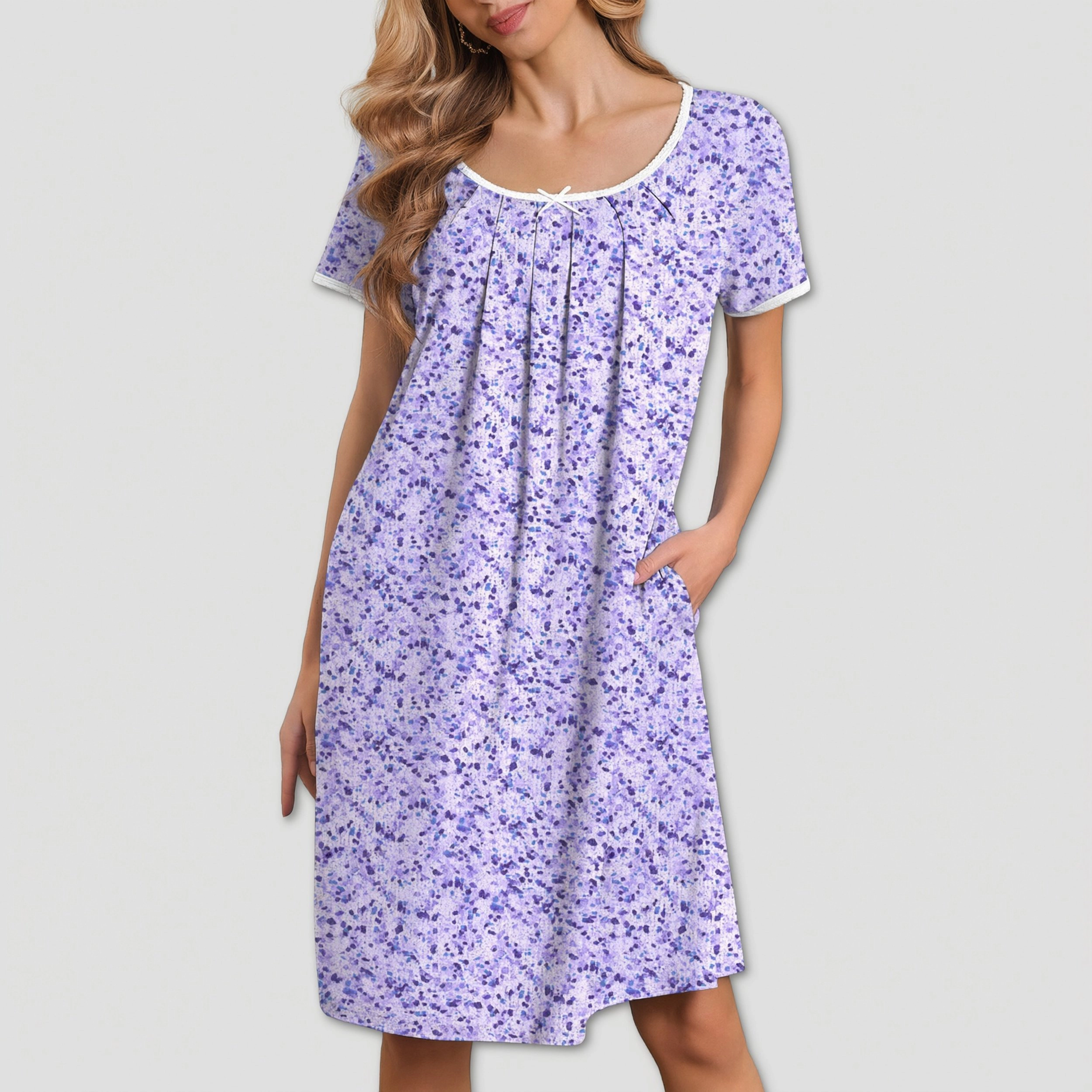 Ekouaer Nightgowns for Women Pleated Sleep Shirts Short Sleeve Lace Trim Night Gown with Pockets