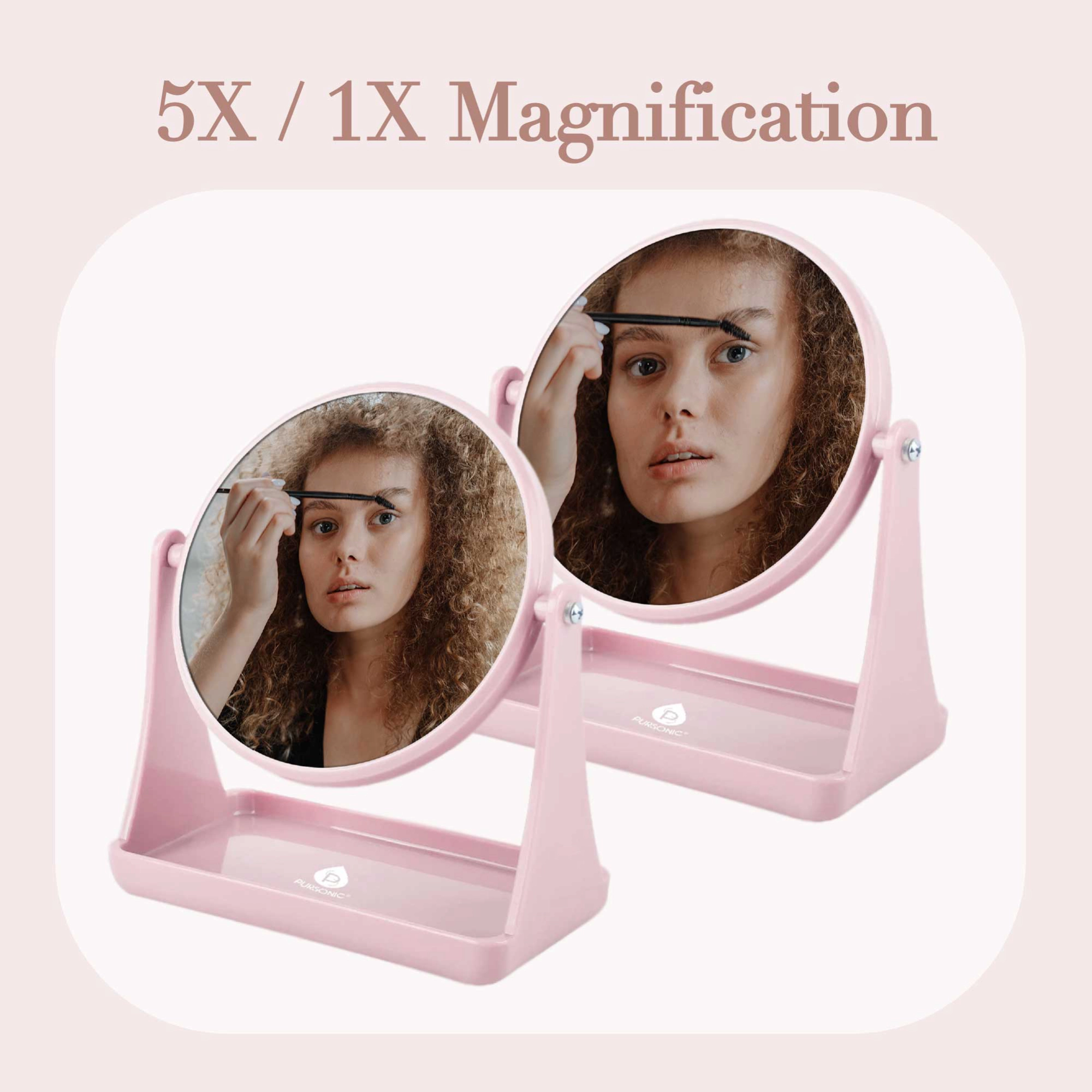 Pursonic Unisex Dual Magnification Vanity Mirror with Organizer Tray – 1x/5x Swivel Makeup & Grooming Mirror
