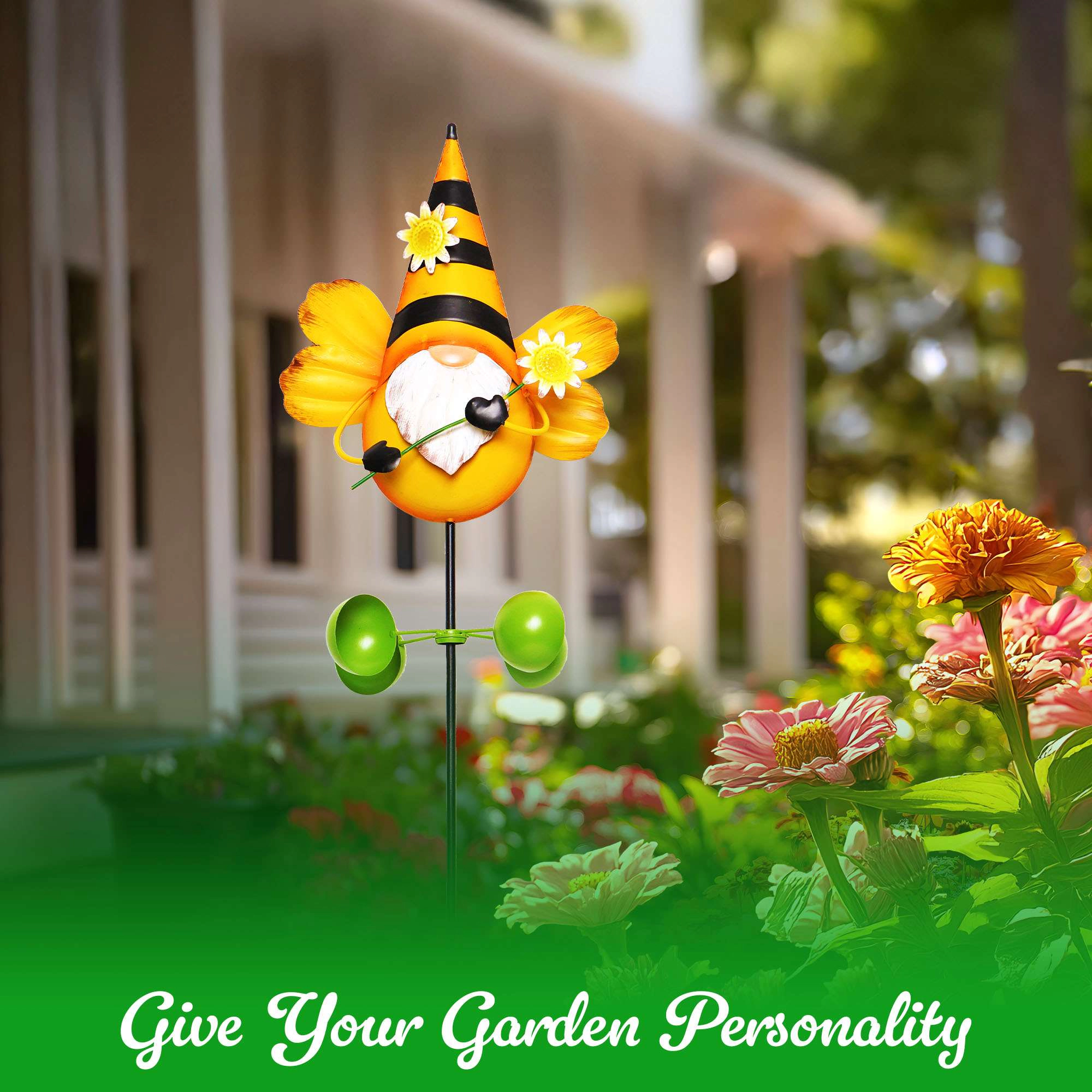 G128 48in Metal Gnome Bee Wind Spinner Stake - 360° Swivel Garden Ornament for Patio Lawn