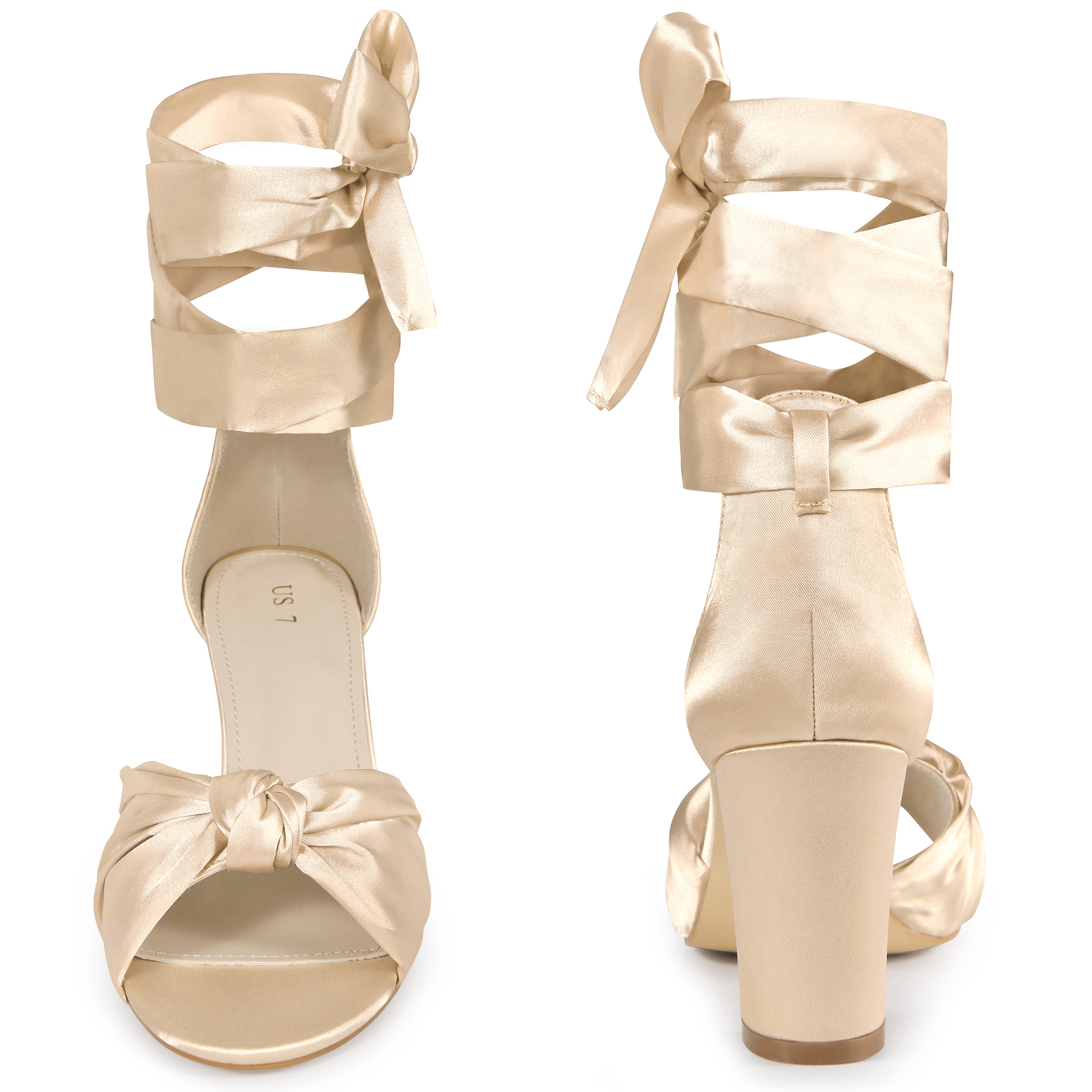 BLISSFUL STEP Women's Satin Open Toe Lace Up Chunky Heel Block Heels Sandals