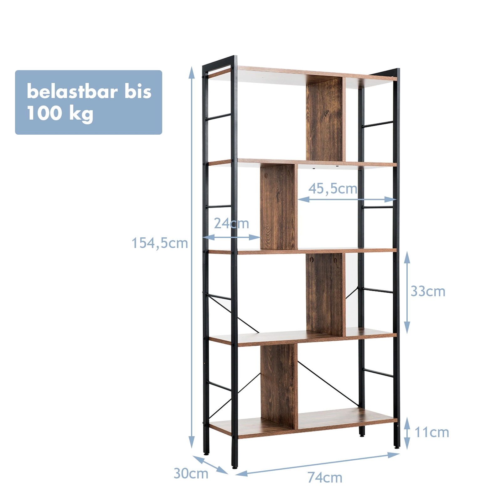 SUGIFT Rustic Brown 4-Tier Industrial Freestanding Bookshelf with Metal Frame