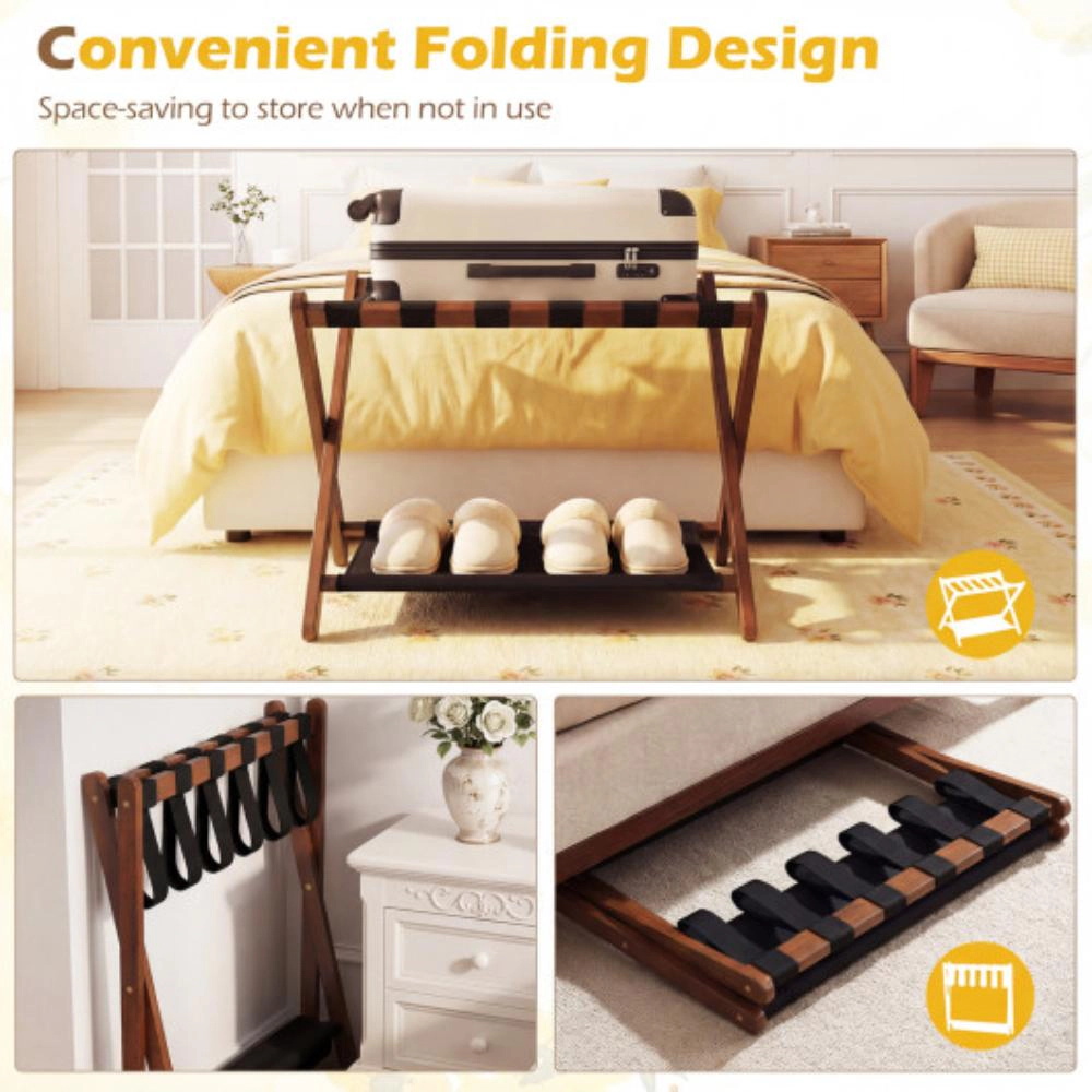 Hivvago Wooden Folding Luggage Rack Set with Nylon Shelves