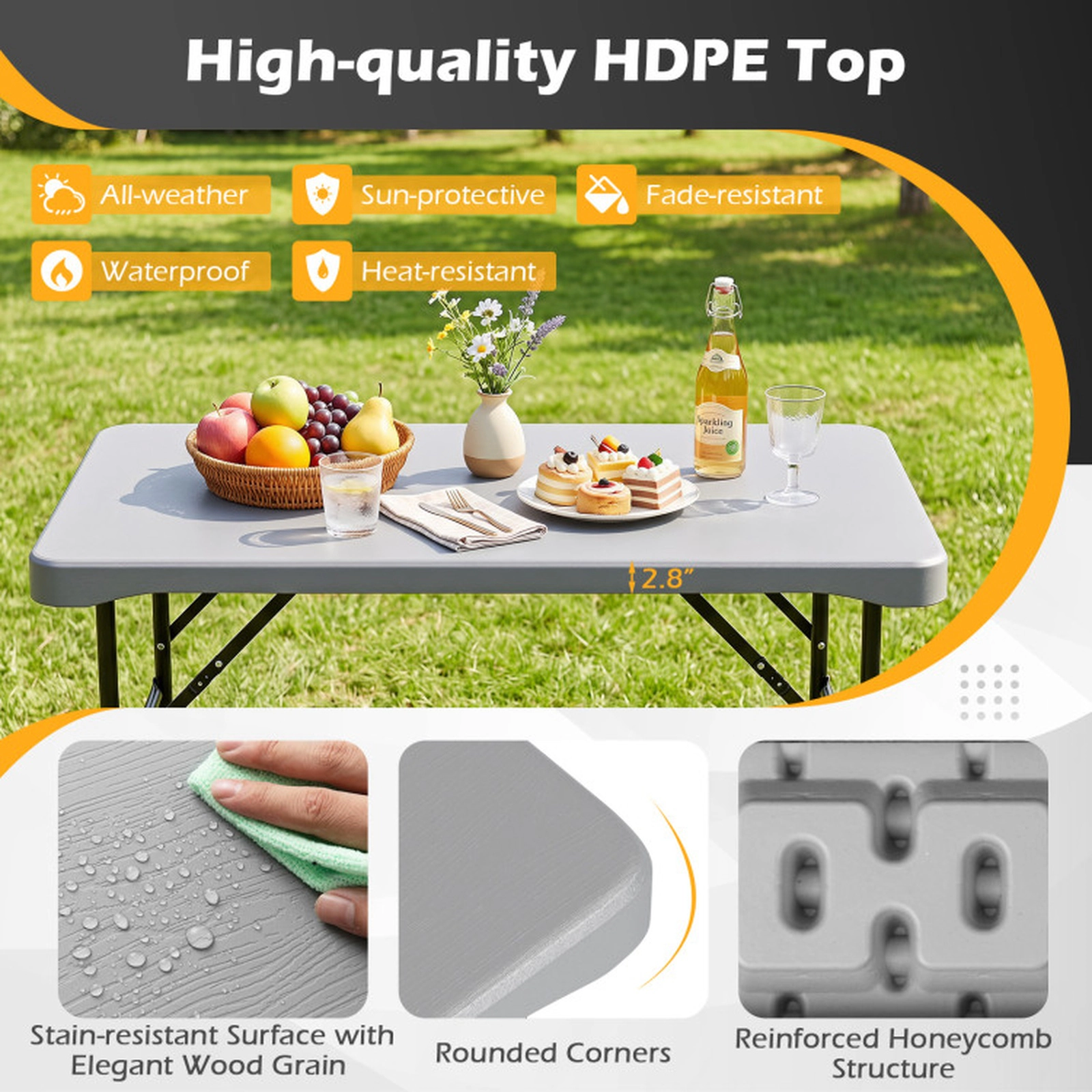 SUGIFT 44 in Folding Picnic Table Set Gray HDPE with 2 Benches and Honeycomb Top