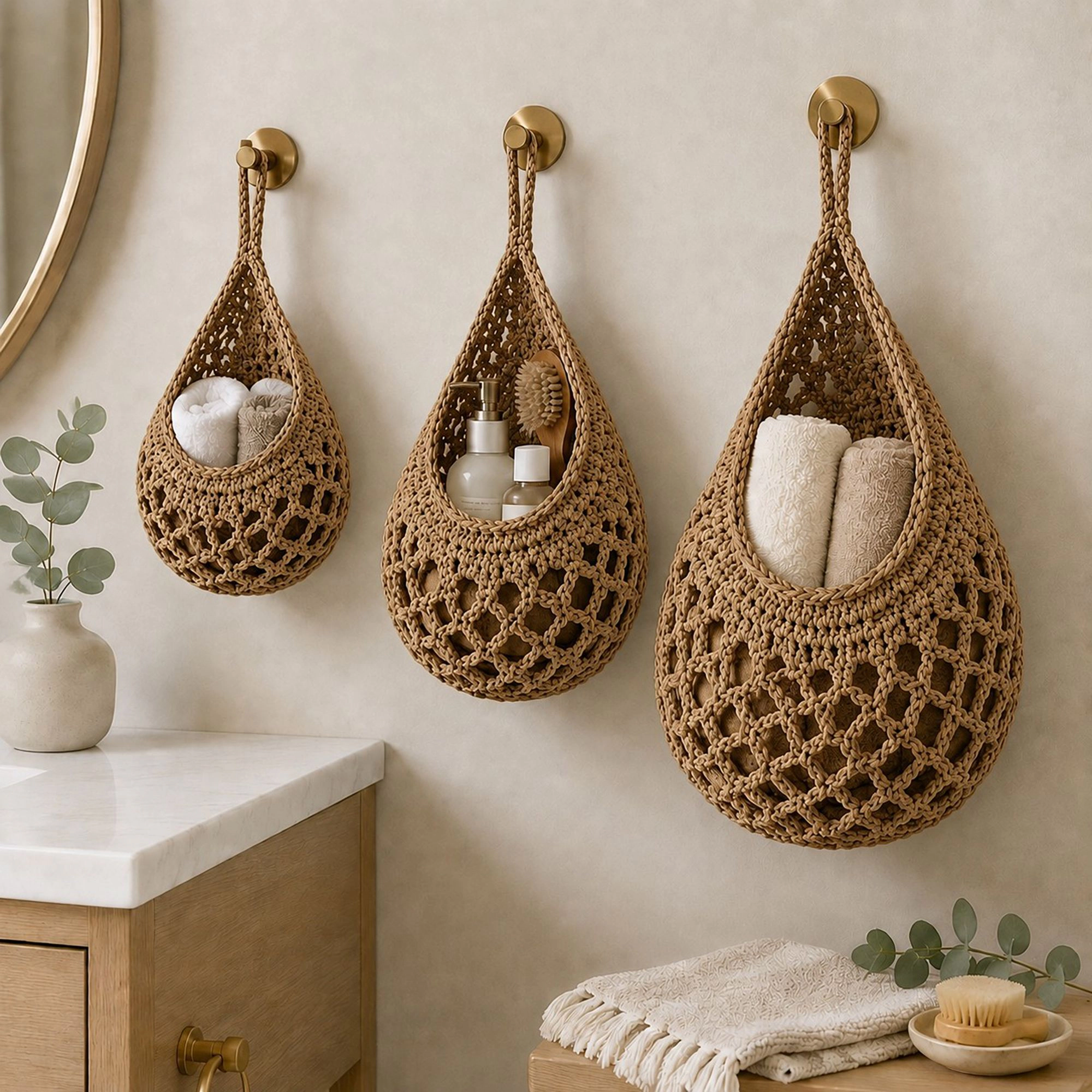 Alilang Women 3pc Crochet Hanging Storage Basket Set Small Medium Large Wall Organizer Bins