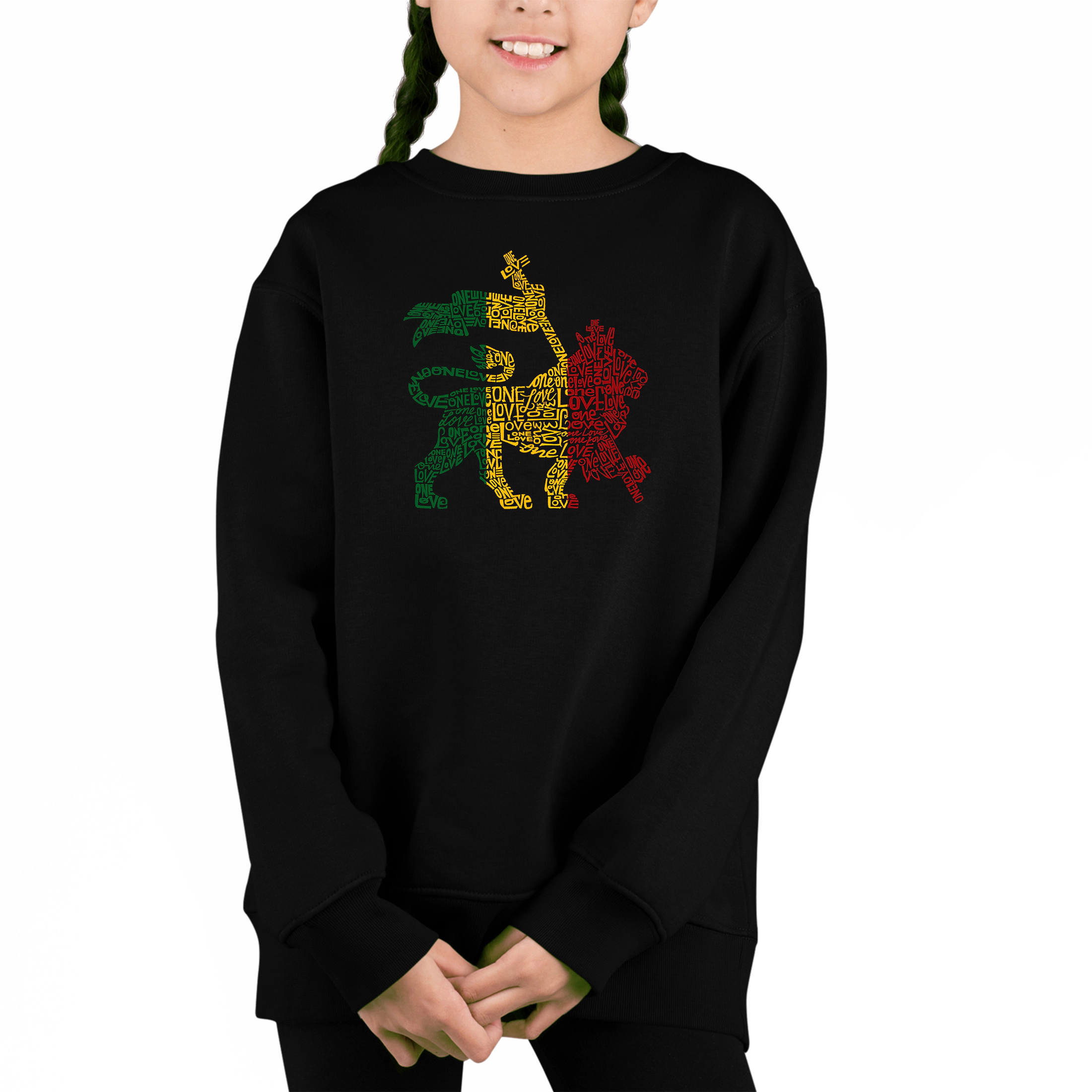 LA Pop Art Girl's Word Sweatshirt - Rasta Lion One Love