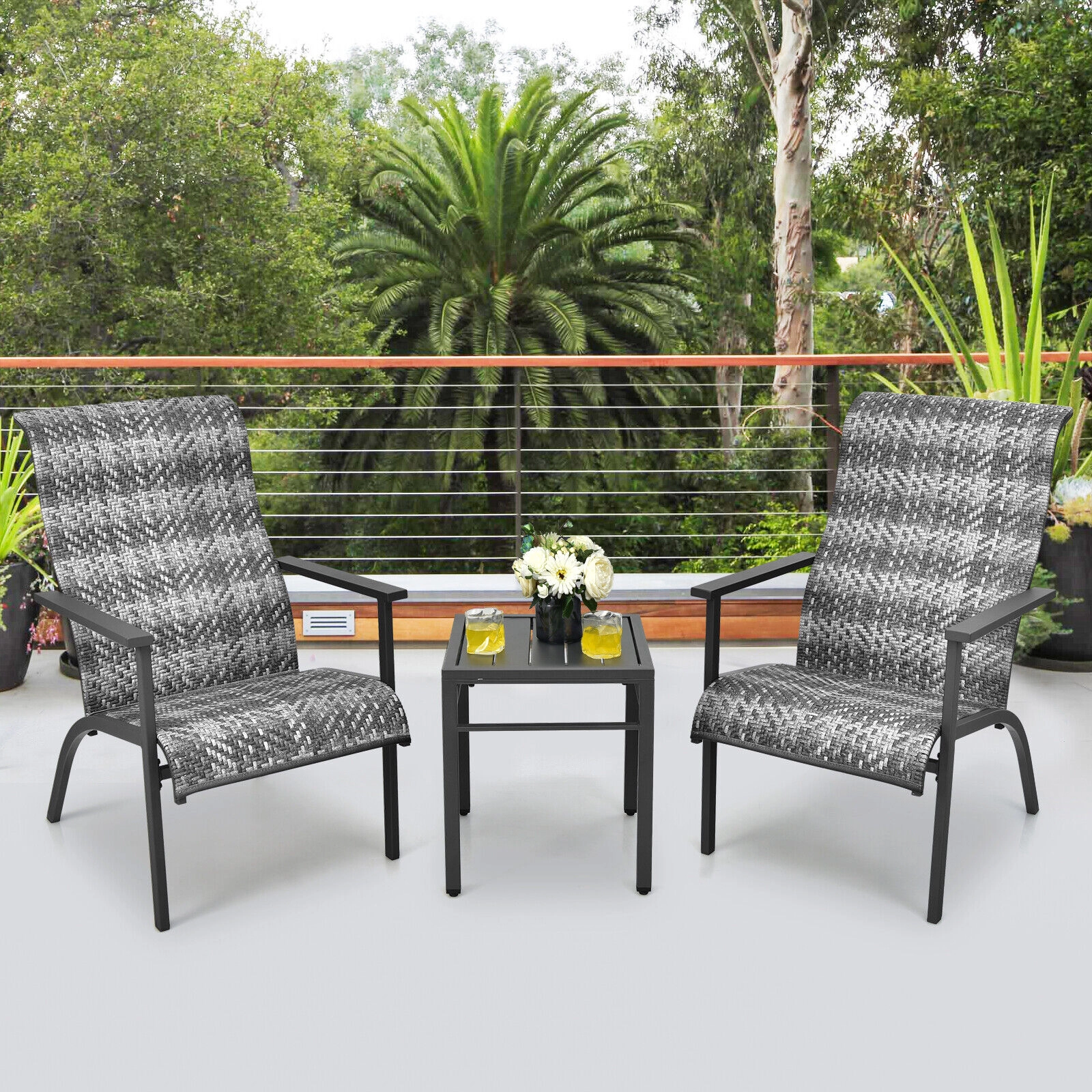 SUGIFT 3 Piece Patio Rattan Bistro Set Gray with High Backrest Chairs and Side Table