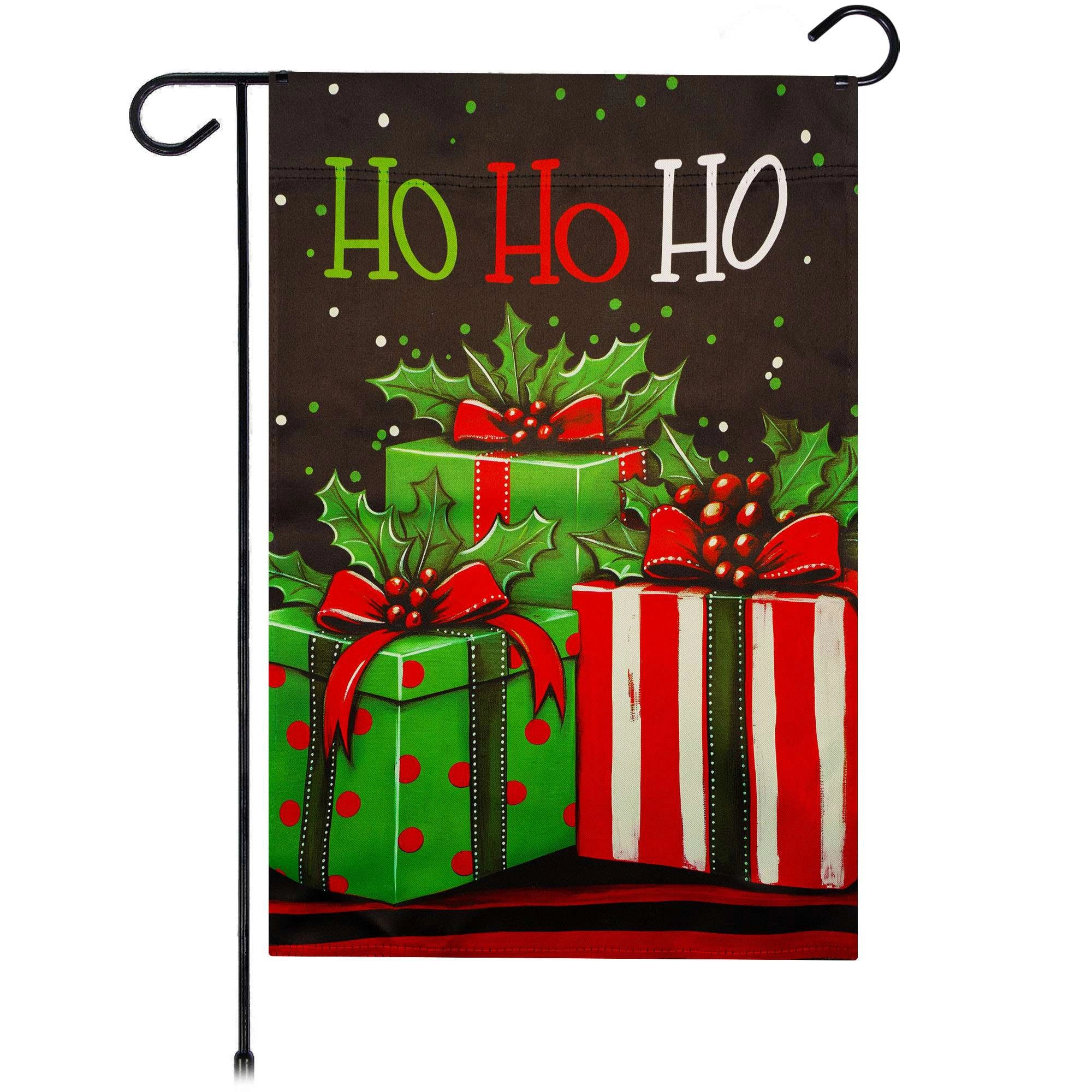 G128 Ho Ho Ho Christmas Gift Box Garden Flag 12x18 inch, Double-Sided Blockout Polyester