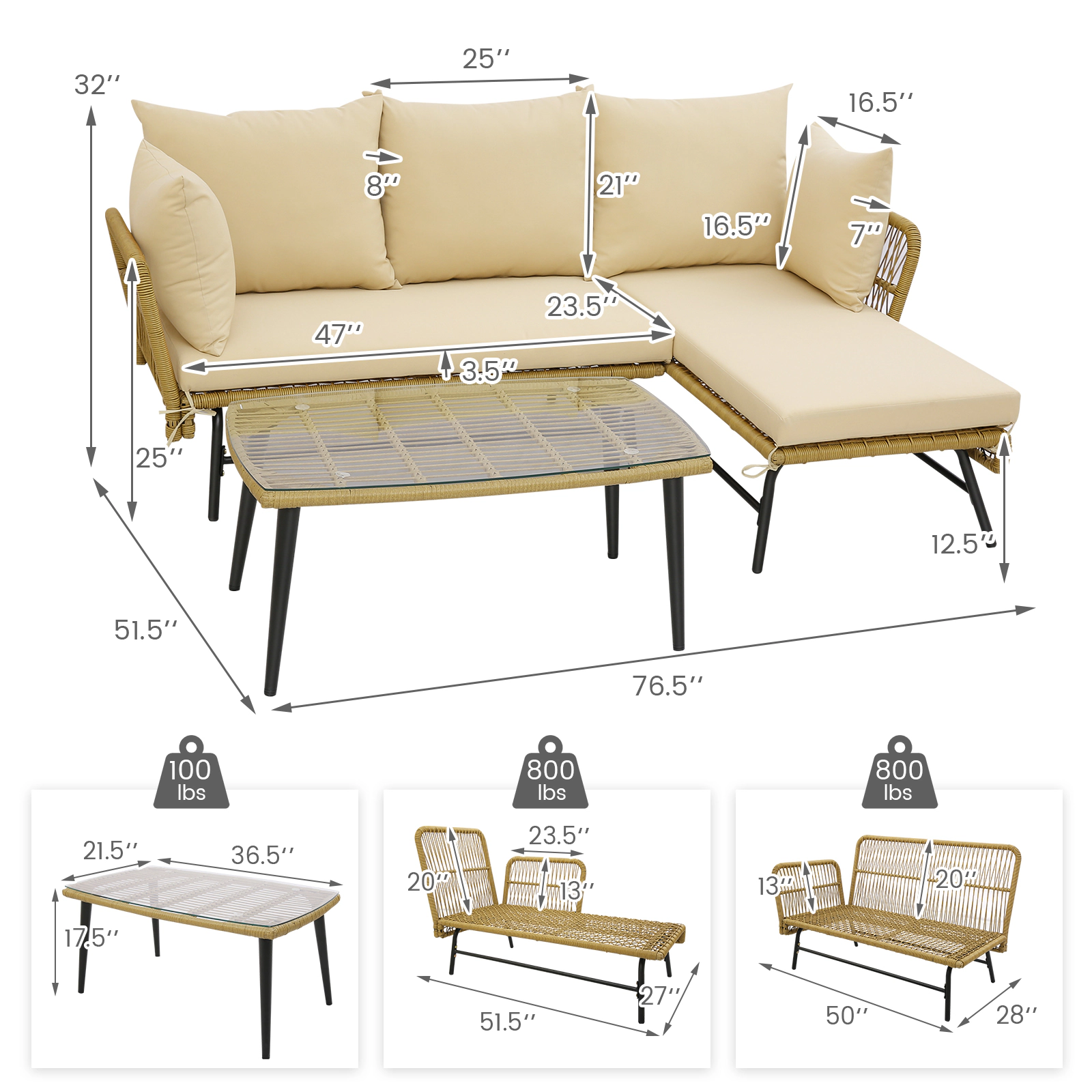 LJG 3 Pieces L-Shaped Patio Sofa with Cushions and Tempered Glass Table