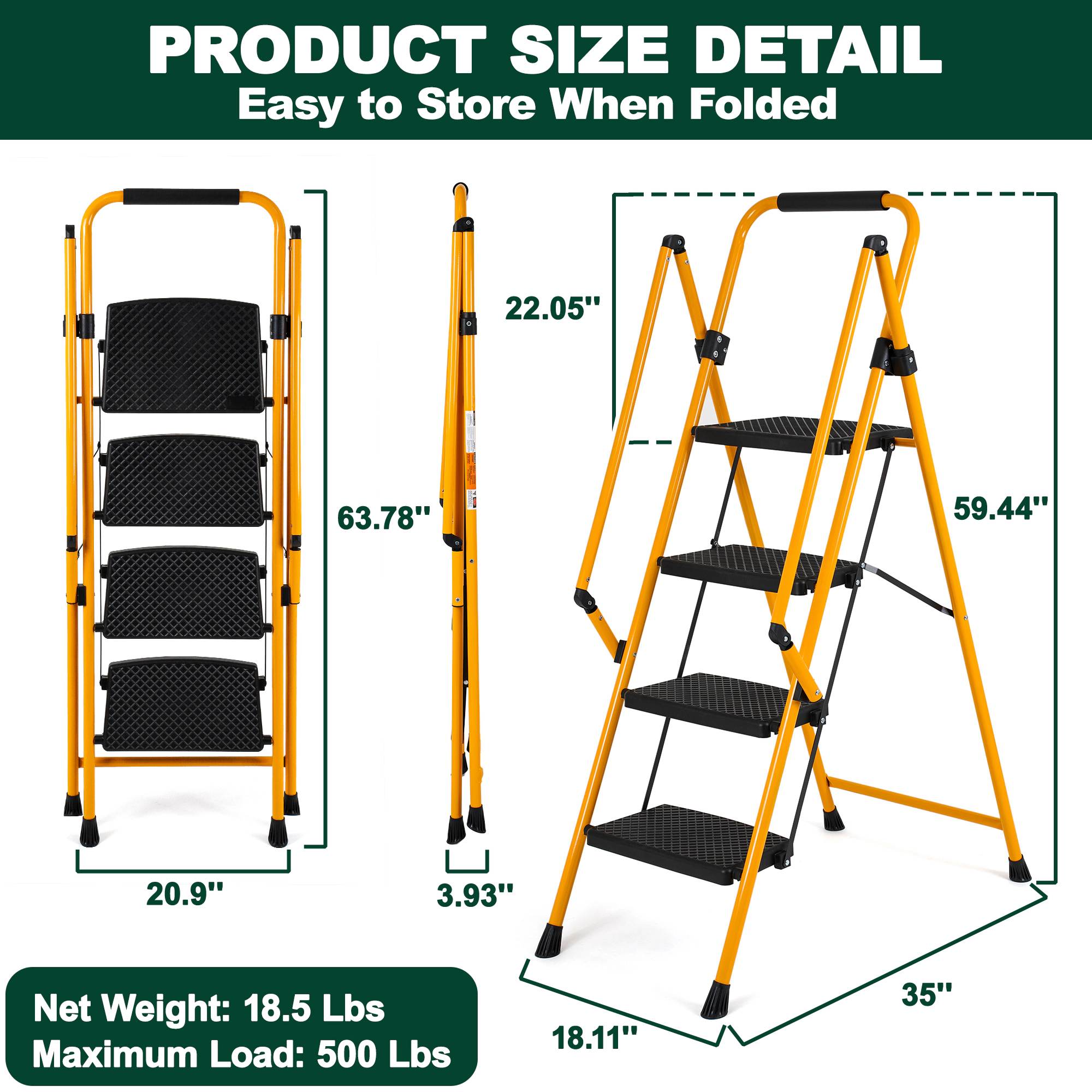 Flynama 4 Step Ladder - 500lb Capacity Steel Foldable Step Stool (Yellow)