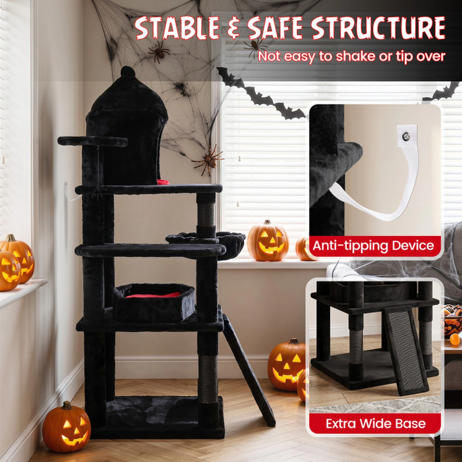 SUGIFT 50-in Gothic Cat Tree with Castle Condo Coffin Bed Rotating Basket Sisal Ramp and Anti-Tip Kit