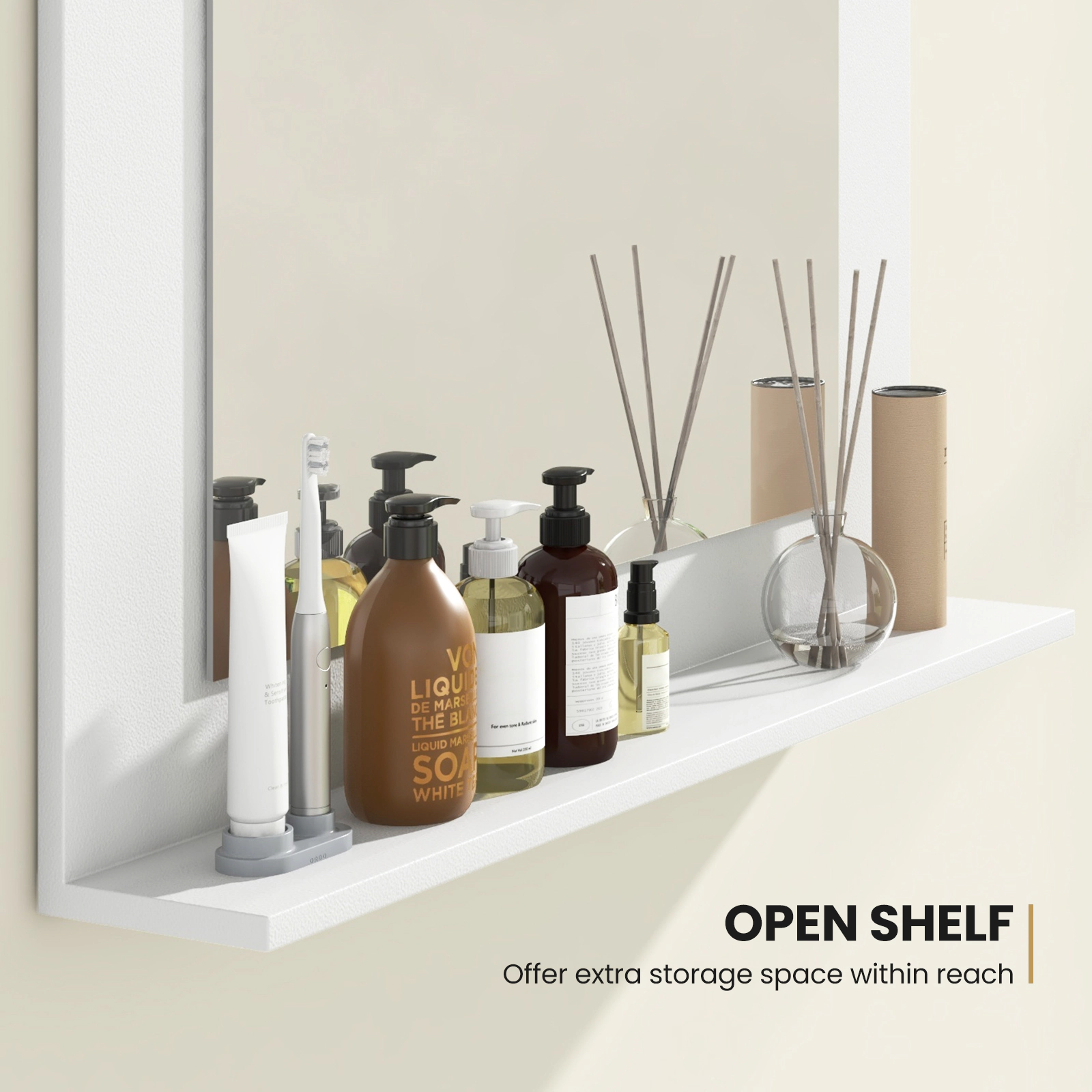 SUGIFT White 23.5-in x 17.5-in Rectangle Wood Frame Bathroom Vanity Wall Mirror with Shelf Over Sink