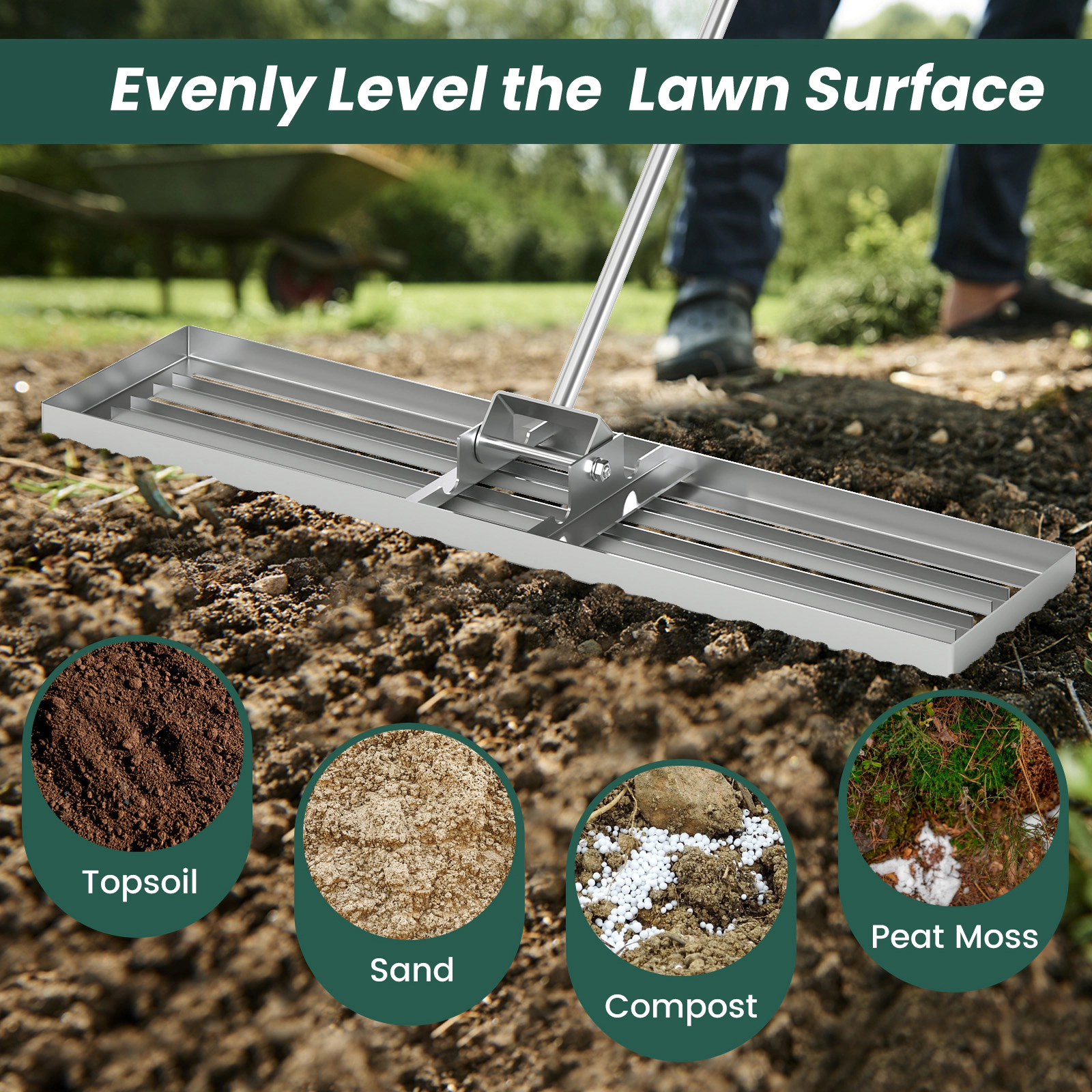 SUGIFT 42 x 10 in Lawn Leveling Rake Silver with 67 in Ergonomic Handle