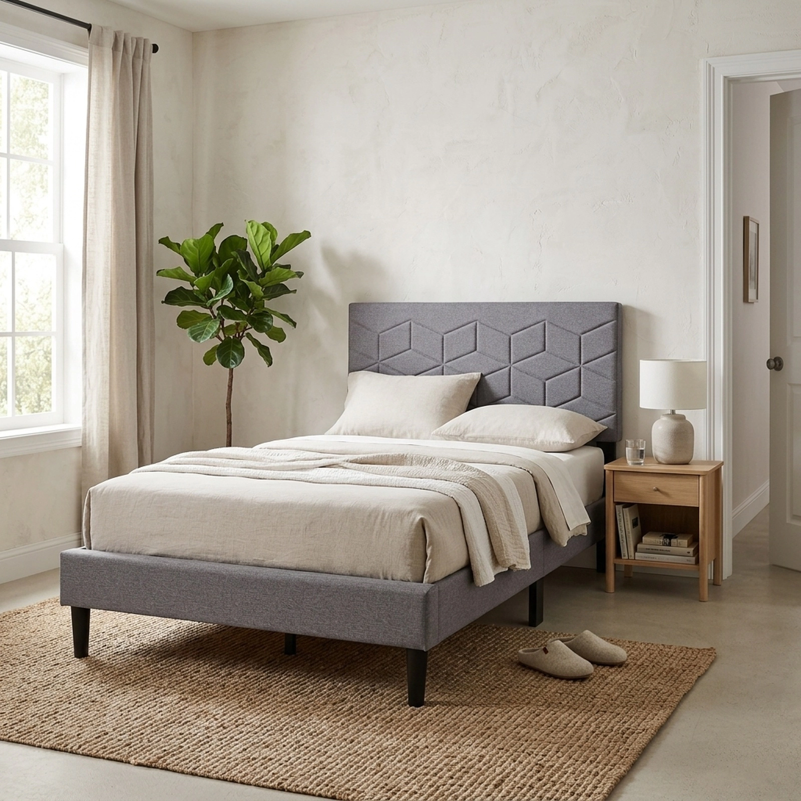 Twin Bed Frame Modern Platform Bed with Linen Upholstered Headboard 10 LVL Slats 6 Support Legs Gray