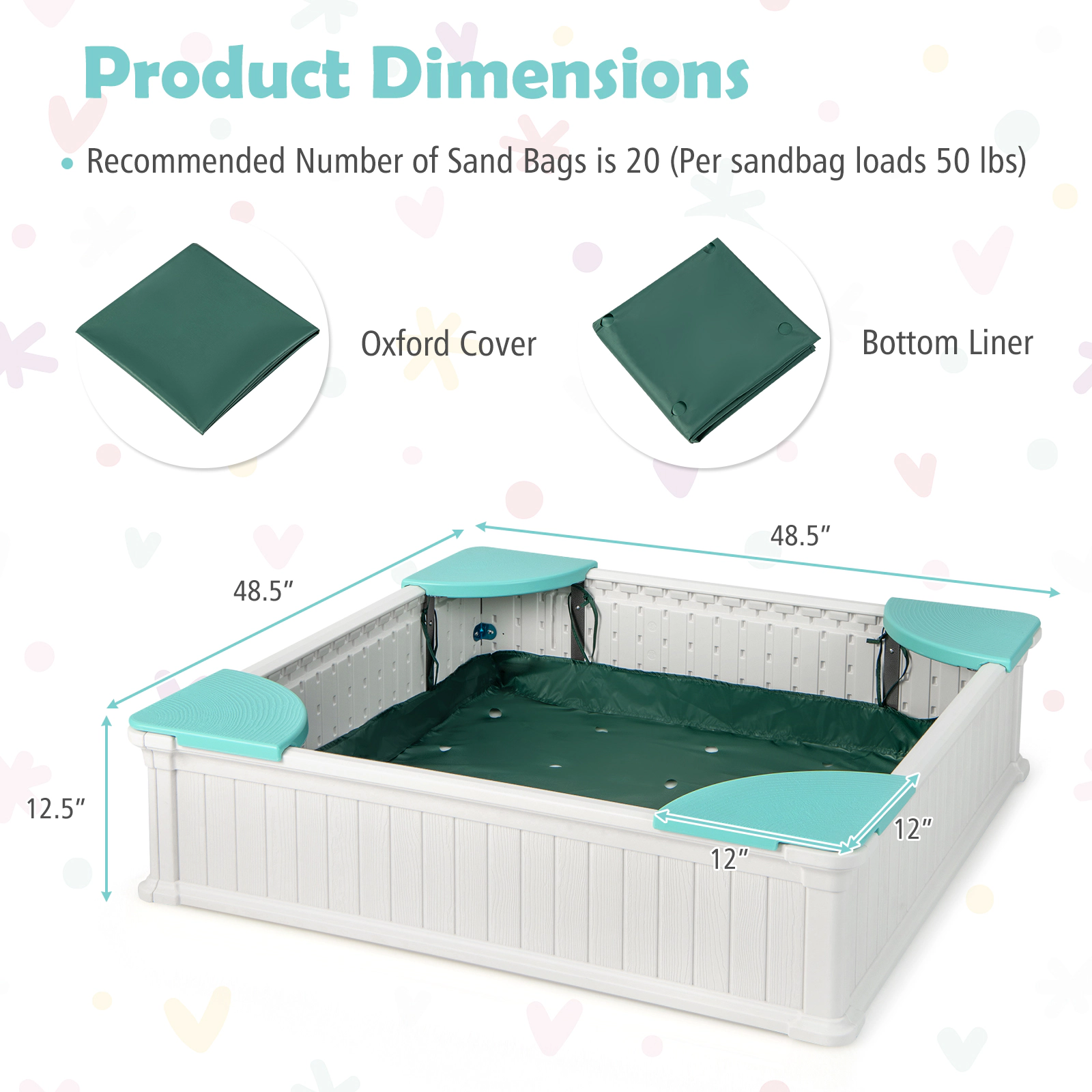 SUGIFT Kids Outdoor Sandbox with Oxford Cover & 4 Corner Seats 110-lb Seat Capacity Ages 3 Years & Up White Brown Navy