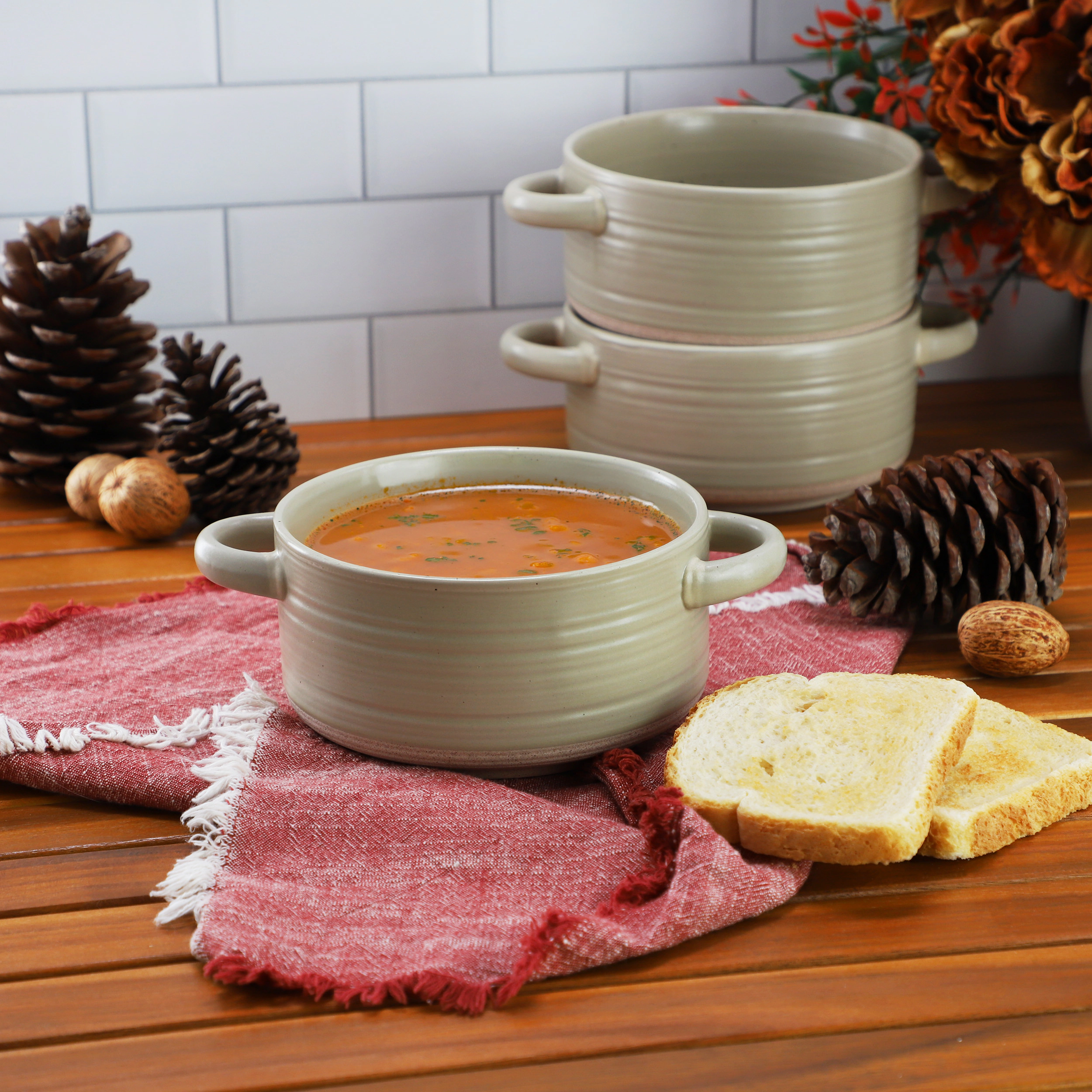 Gibson Elite Monaco Circle 6 Piece Inch Stoneware Soup Bowls with Handles Cream