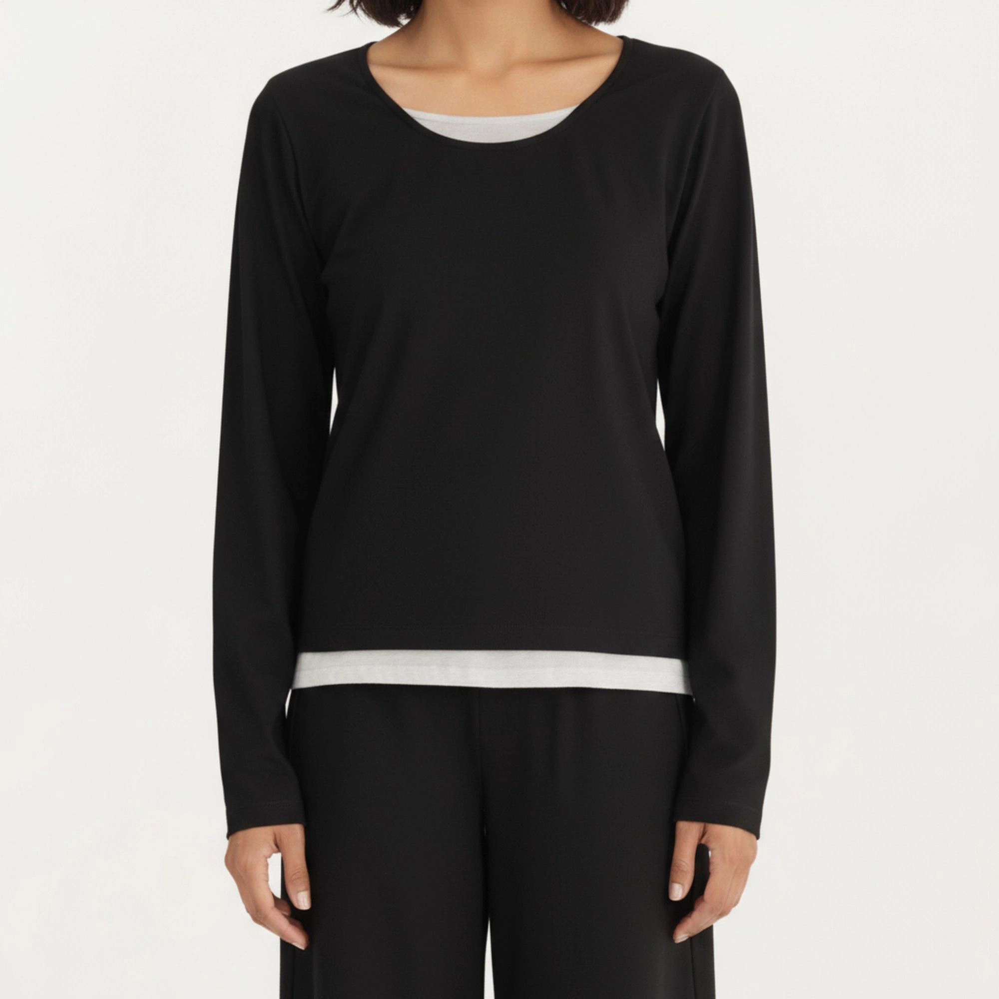 Anna-Kaci Women's 2-Piece Long Sleeve Scoop Neck Top with Contrast Layered Hem and Wide Leg Pants