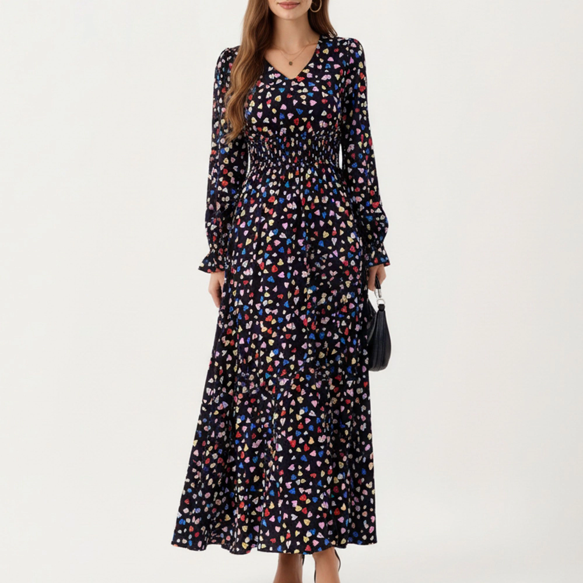 Anna-Kaci Womens Floral V-Neck Long Sleeve Maxi Dress with Ruffle Cuffs