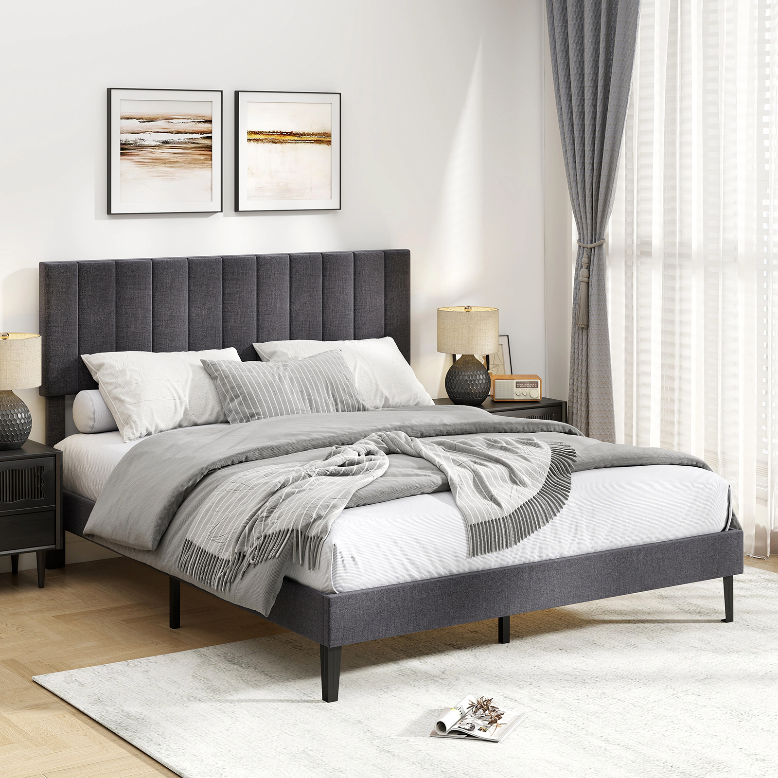 SUGIFT Gray Vertical Channel Headboard Queen Size Velvet Upholstered Platform Bed