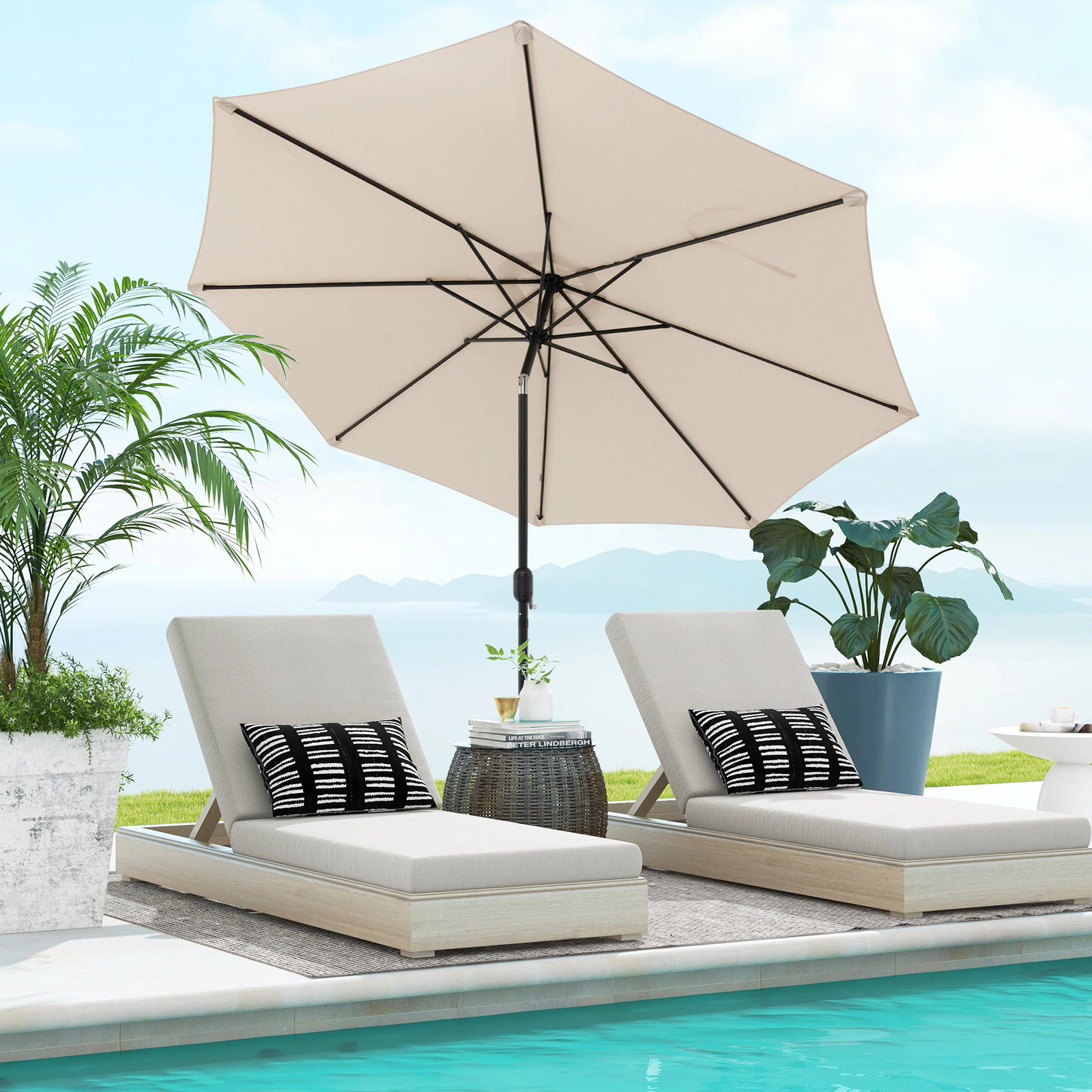 SUGIFT 10-Ft Steel Outdoor Patio Umbrella with Hand-Crank Lift and Tilt Adjustment Beige