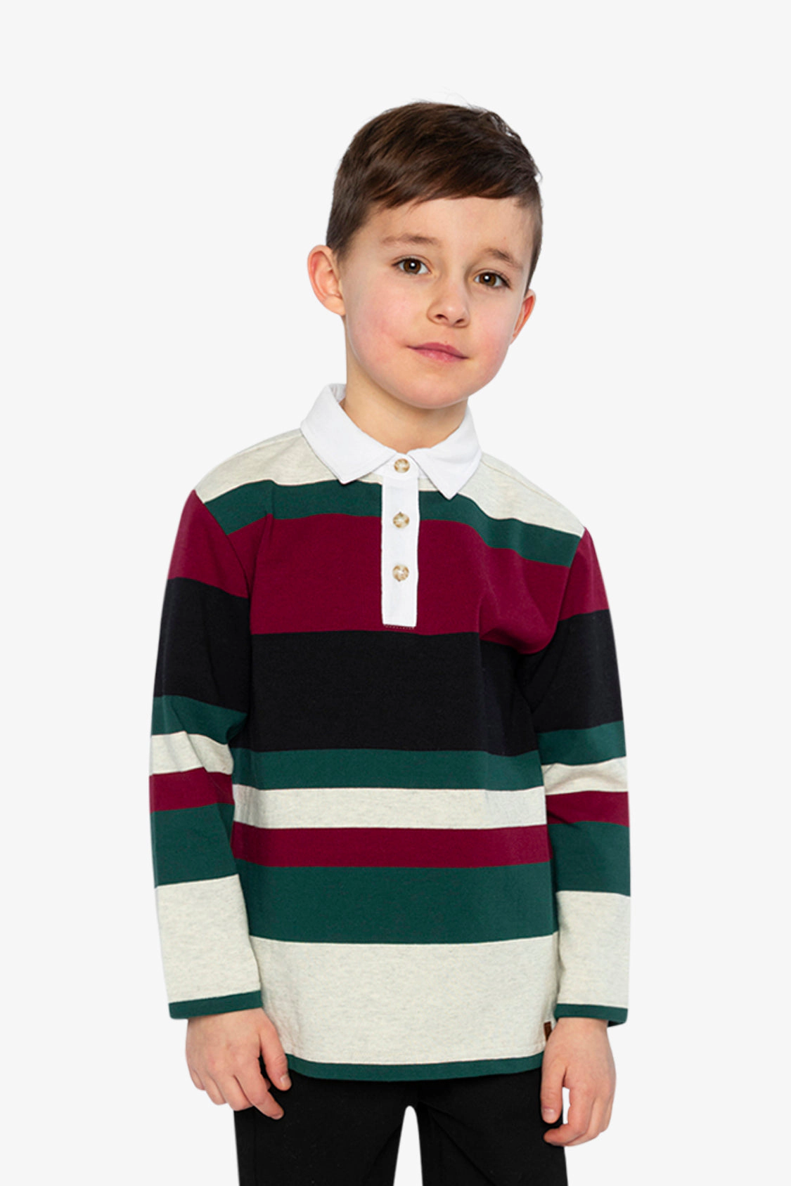 Deux par Deux Boys Long Sleeve Striped Polo Top with Button Placket