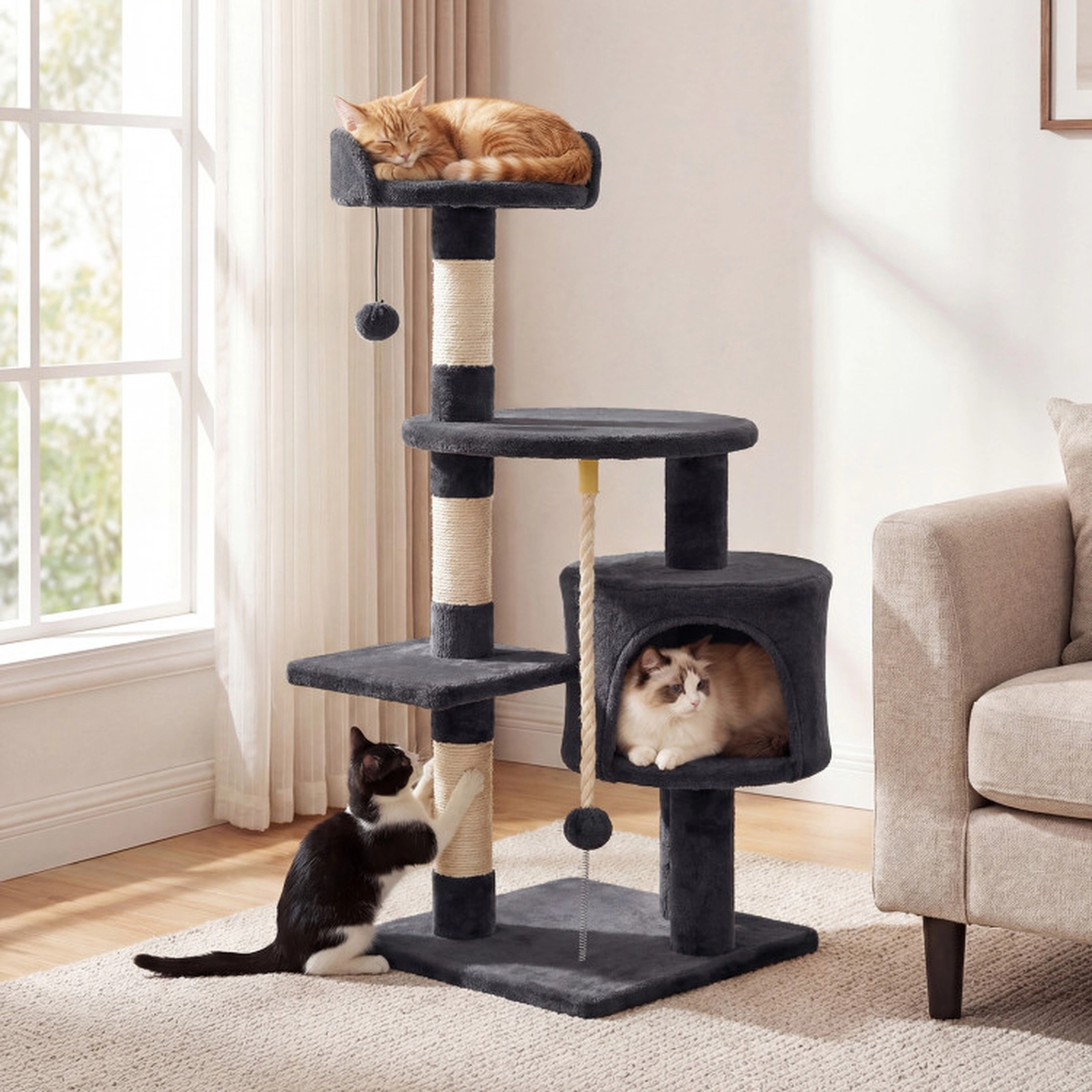 SUGIFT 36-in Tall Kitten Tower Cat Tree with Condo, Plush Perch and Scratching Posts 22-lb Capacity Dark Gray