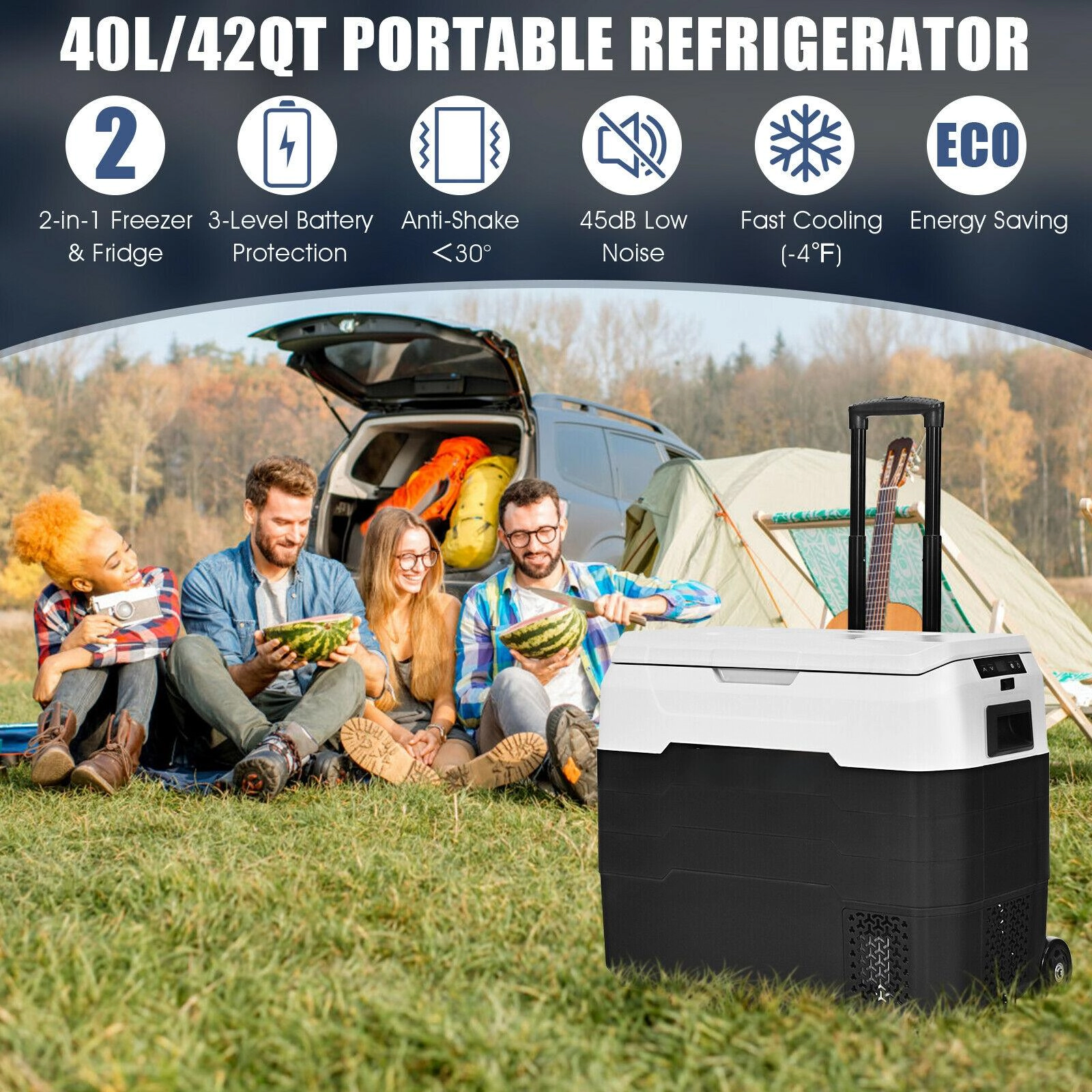 SUGIFT 42-qt 12V Dual-Zone Portable Car Refrigerator Freezer with Wheels Telescopic Handle and LED Display