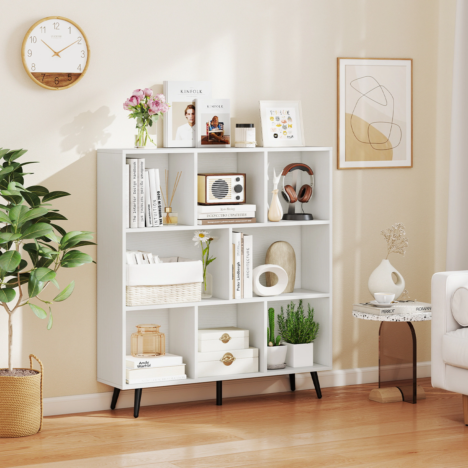 SUGIFT White 8-Cube Bookcase with 5 Tapered Metal Legs and Anti-Tipping Kits