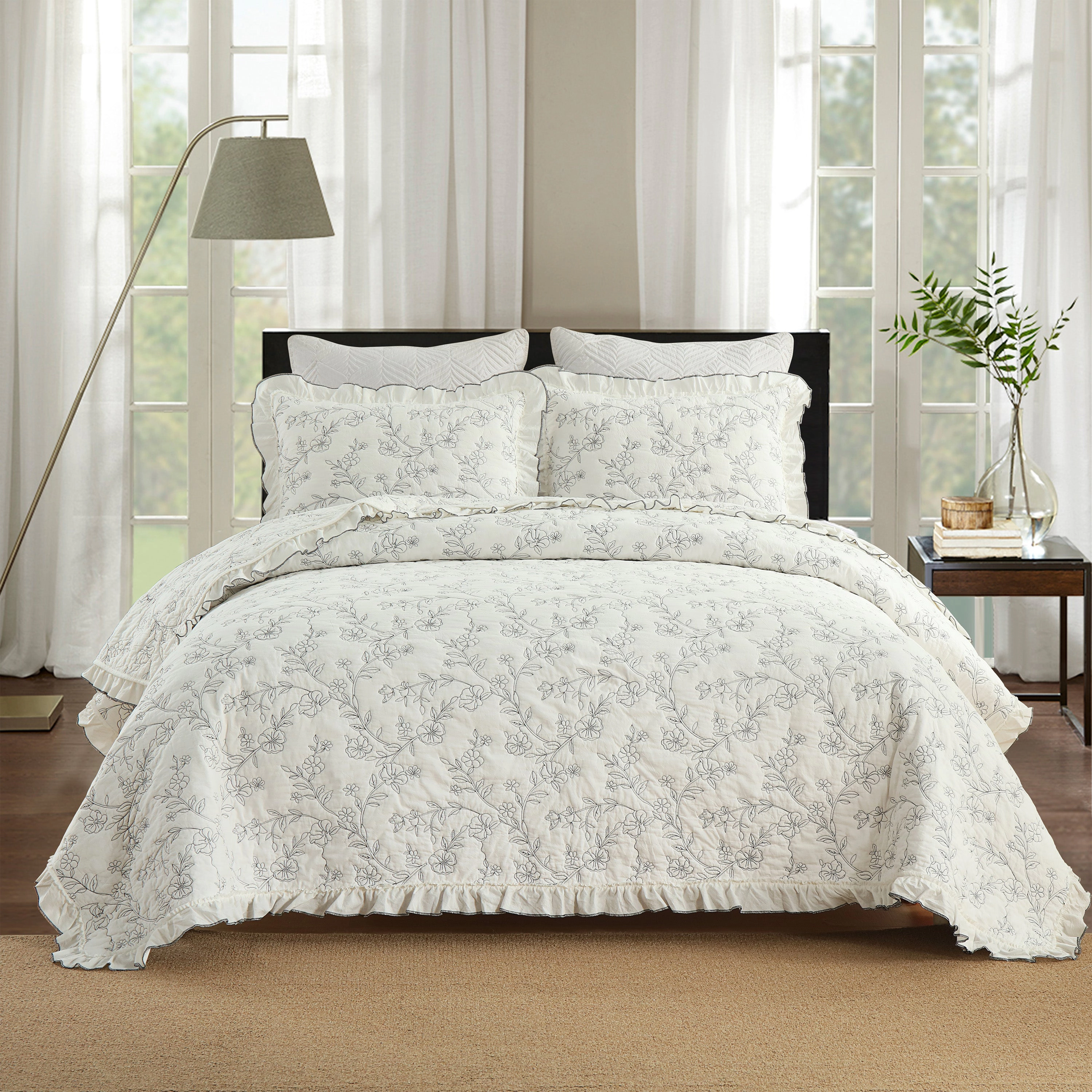 MarCielo 3 Piece 100% Cotton Embroidered Floral Ruffle Lightweight Quilt Bedspread Se