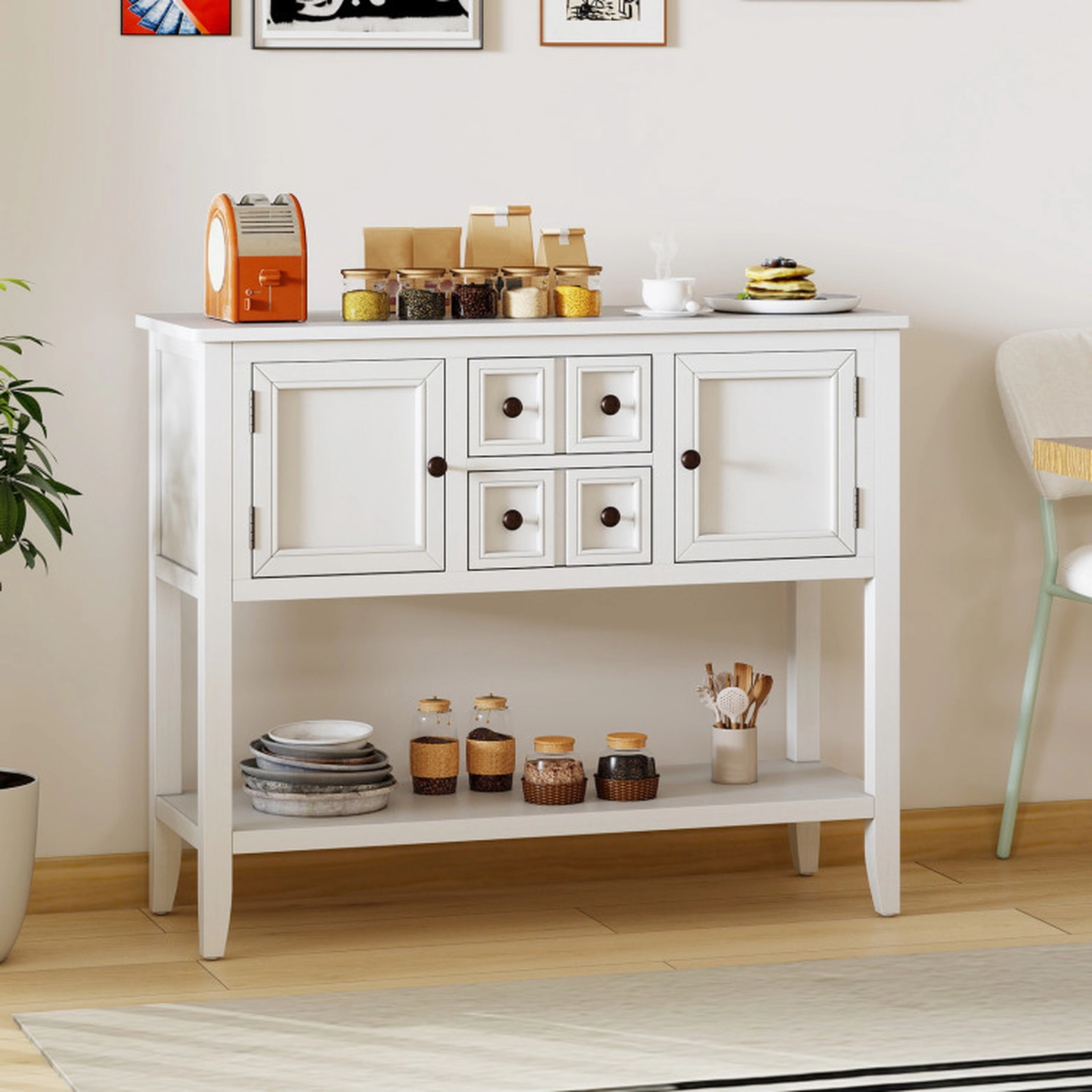 SUGIFT 2-Door Solid Pine Wood 2 Drawers Bottom Shelf Sideboard Buffet 42-in x 15-in x 34-in 180-lb Capacity White