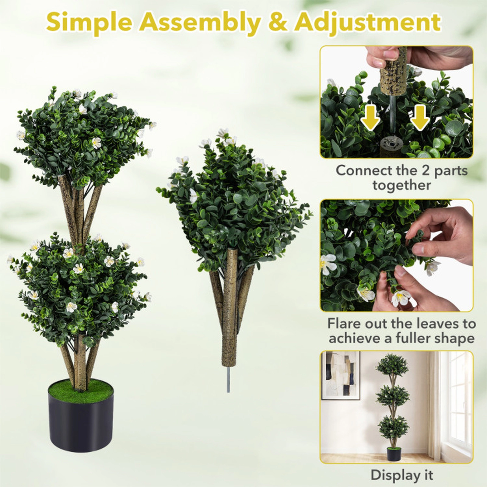 SUGIFT 51-in Artificial Triple Ball Boxwood Topiary Tree with 59 White Blossoms and Cement-Filled Pot