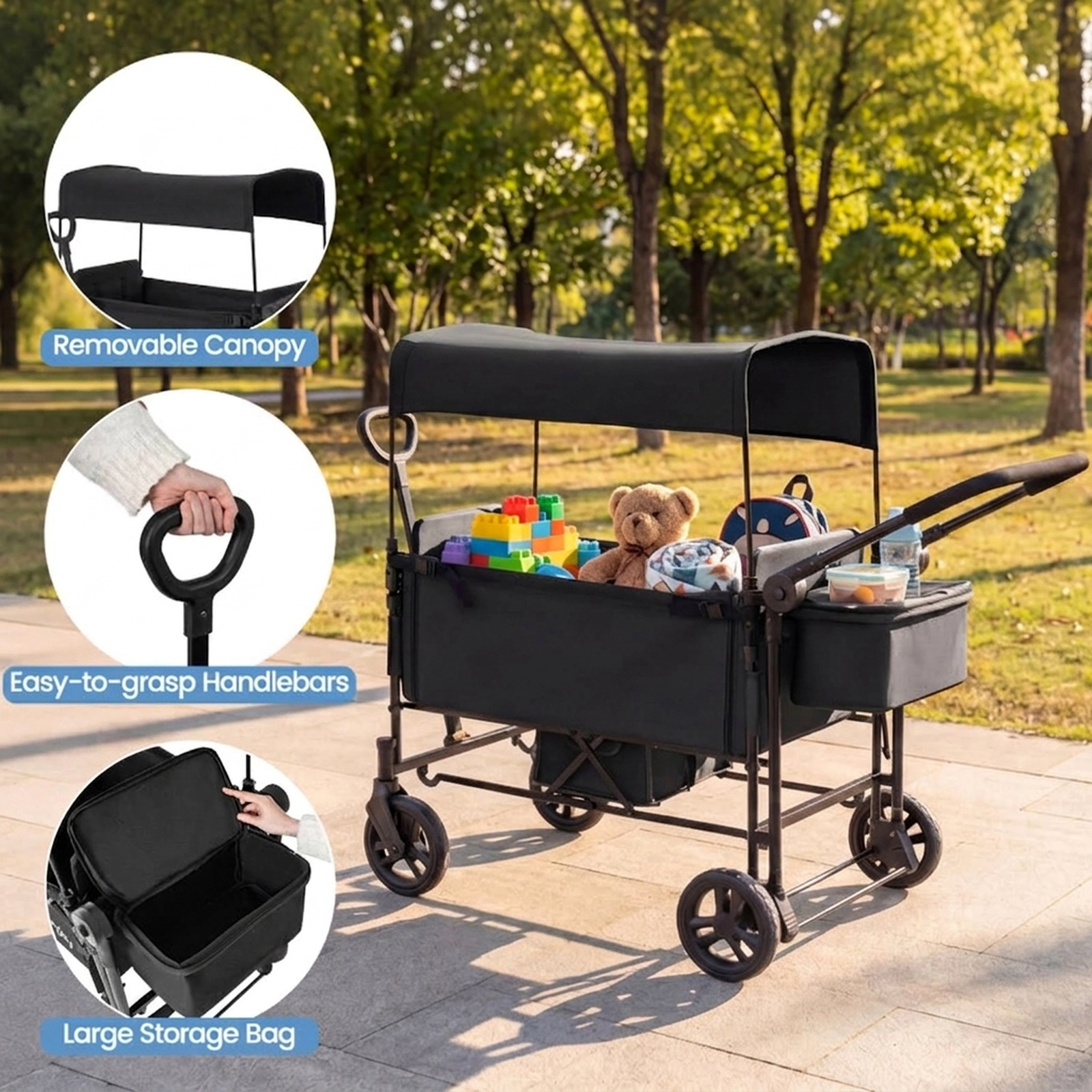 SUGIFT Toddler Black 2-Seat Wagon Stroller with Removable Canopy 54-in W 25.5-in D 44-in H 40-lb Per Seat