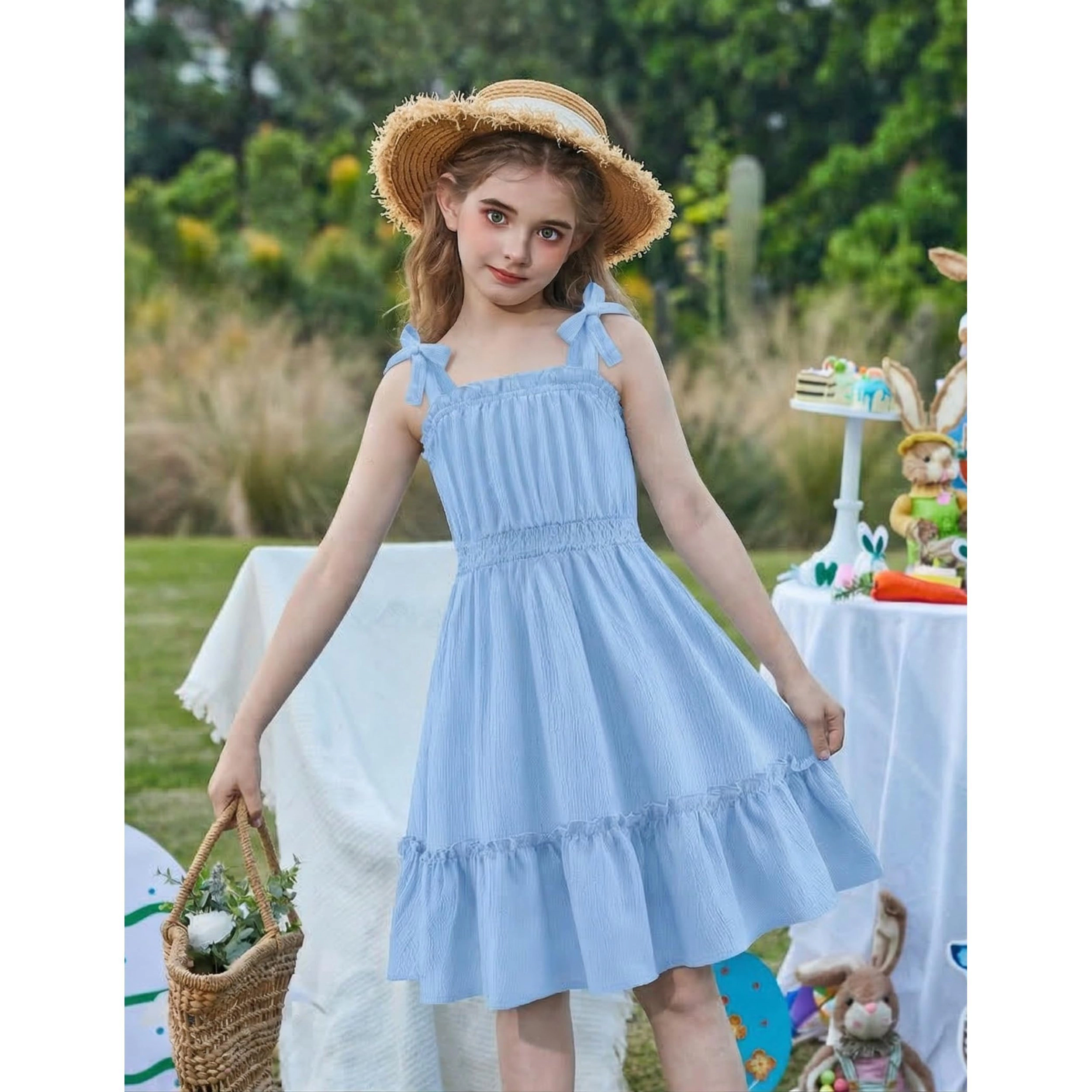 Arshiner Girl's Bowtie Straps Sleeveless Flowy Ruffle Trim Boho Sundress