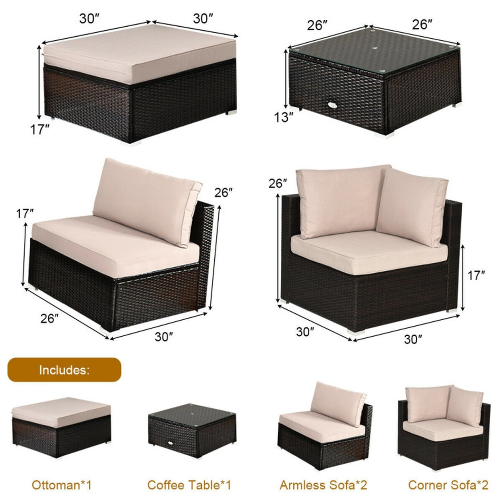 SUGIFT 6-Piece 355-lb Capacity Hand-Woven Rattan Outdoor Patio Sectional Sofa Set with Ottoman and Glass Table