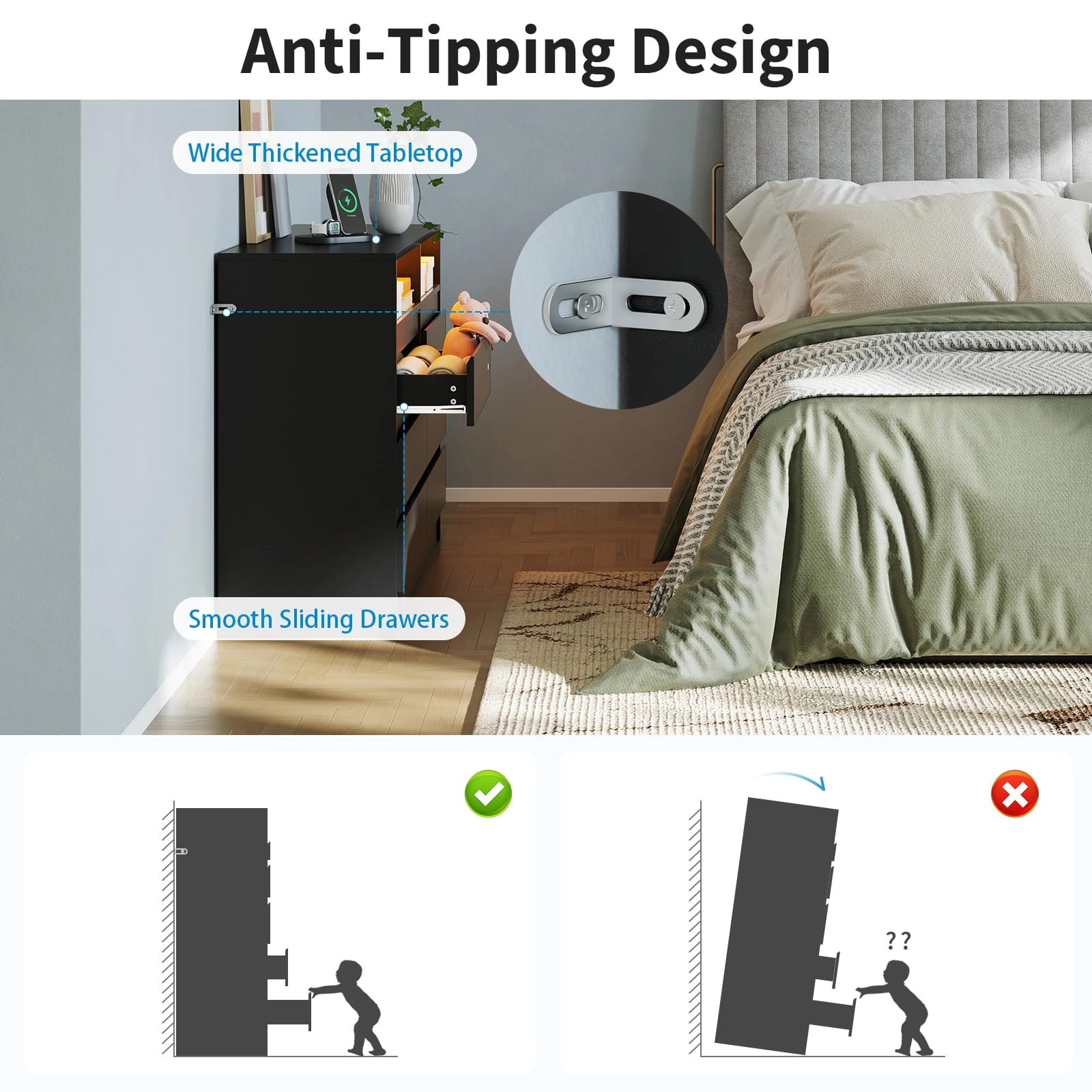 6 Drawer Dresser with Charging Station & LED Lights, Modern Chest Power Outlets for Bedroom