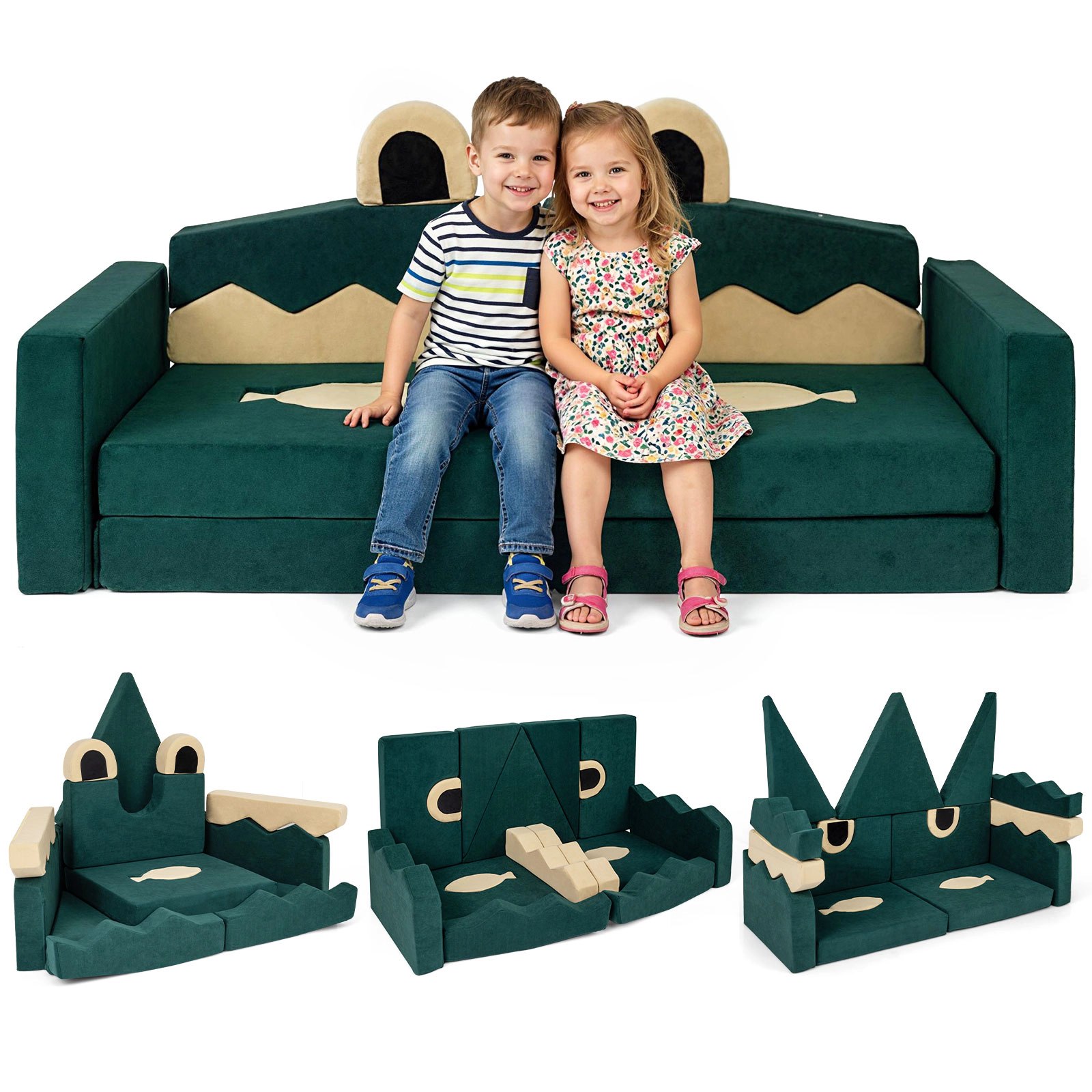 SUGIFT 17-Piece Modular Kids Play Couch Sofa Chair 55-in Wide Velvet Fabric and Foam Ages 3+ Crocodile